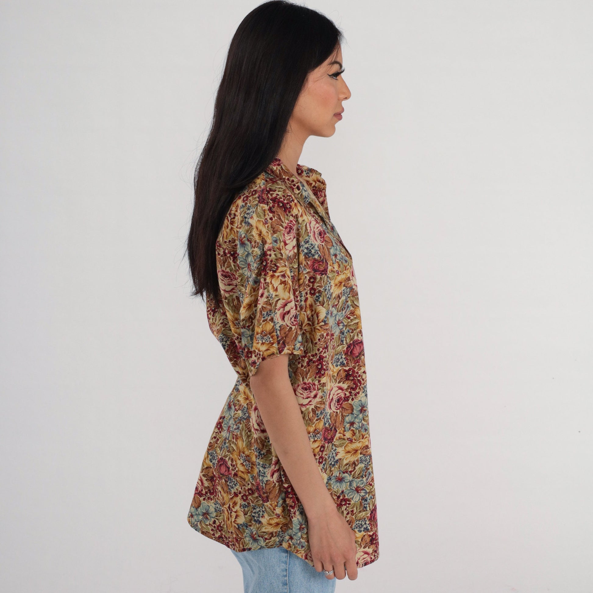 Y2K Liz Claiborne Floral Button-Up Blouse Short Sleeve Rayon Multicolor Large L
