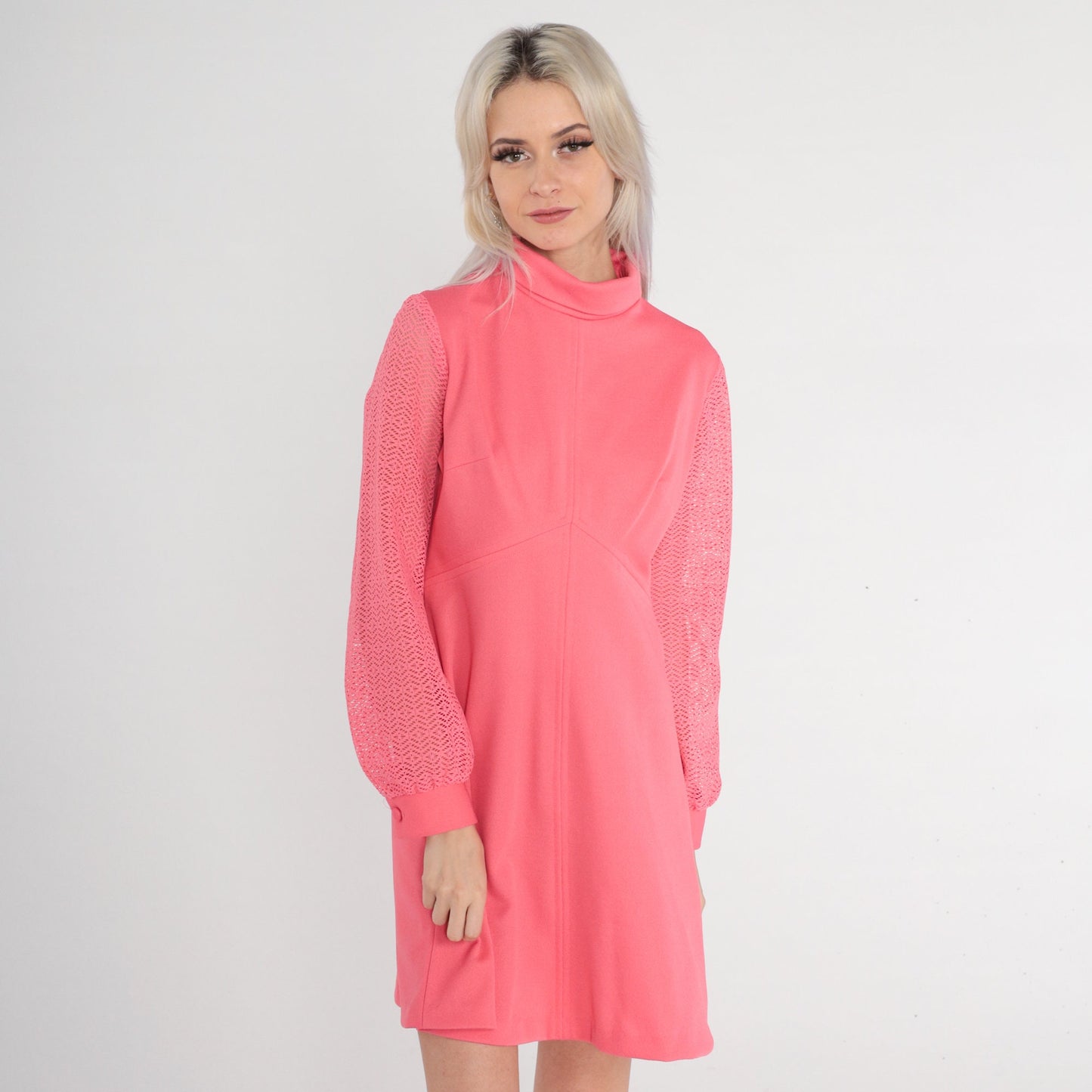 70s Pink Mini Dress Empire Waist Lace Sleeve High Mock Neck Medium M