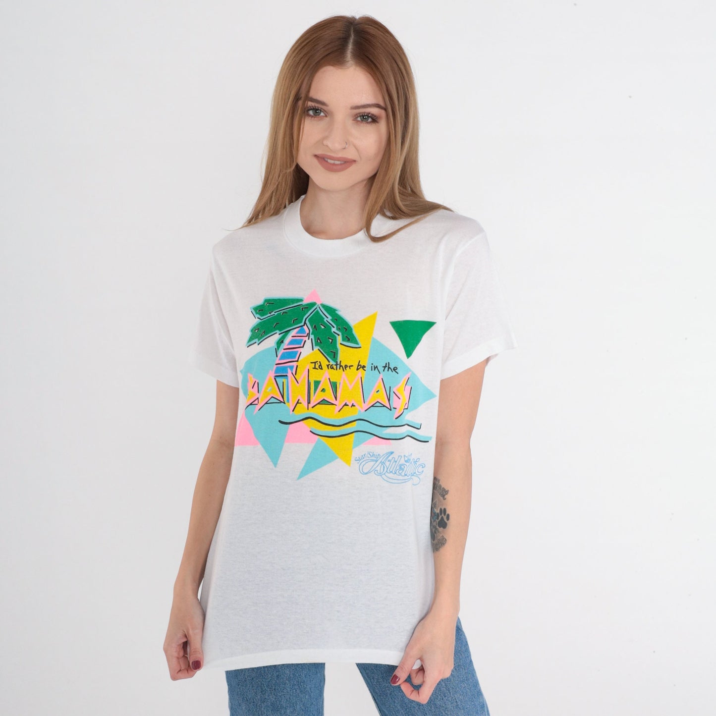 80s Bahamas Graphic T-Shirt I'd Rather Be Palm Tree Cruise Ship Medium