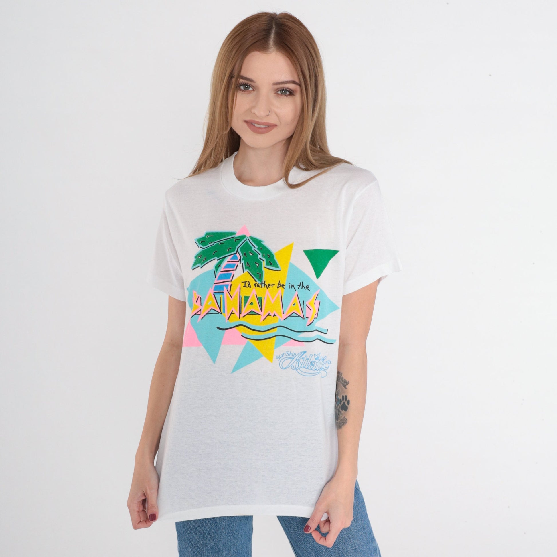 80s Bahamas Graphic T-Shirt I'd Rather Be Palm Tree Cruise Ship Medium