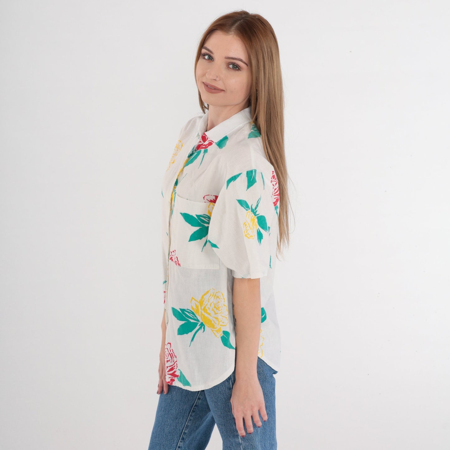 90s Rose Floral White Button-Up Blouse Short Sleeve Collared Top Medium M