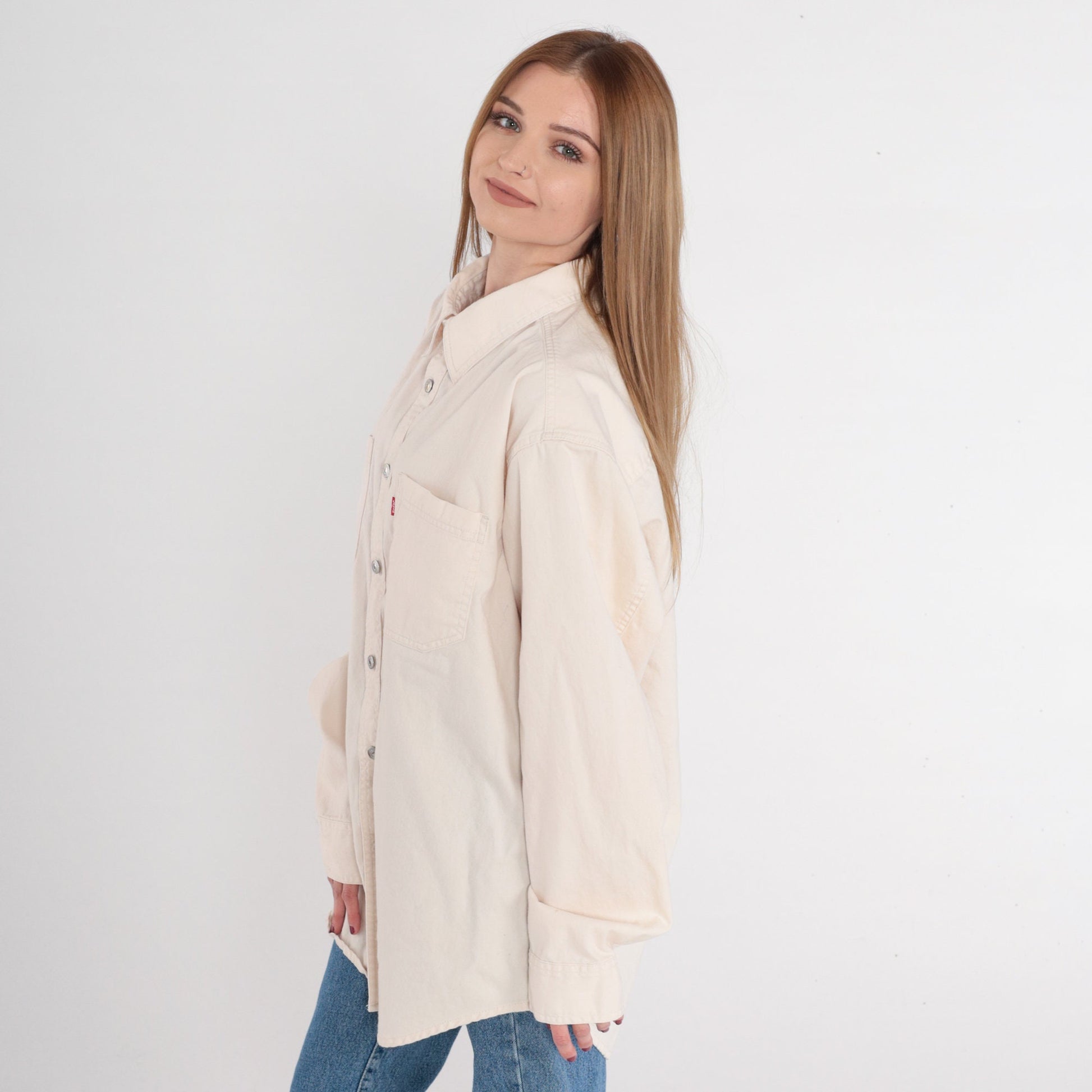 00s Levis Red Tag Denim Button Up Shirt Off-White Cotton Long Sleeve Large L