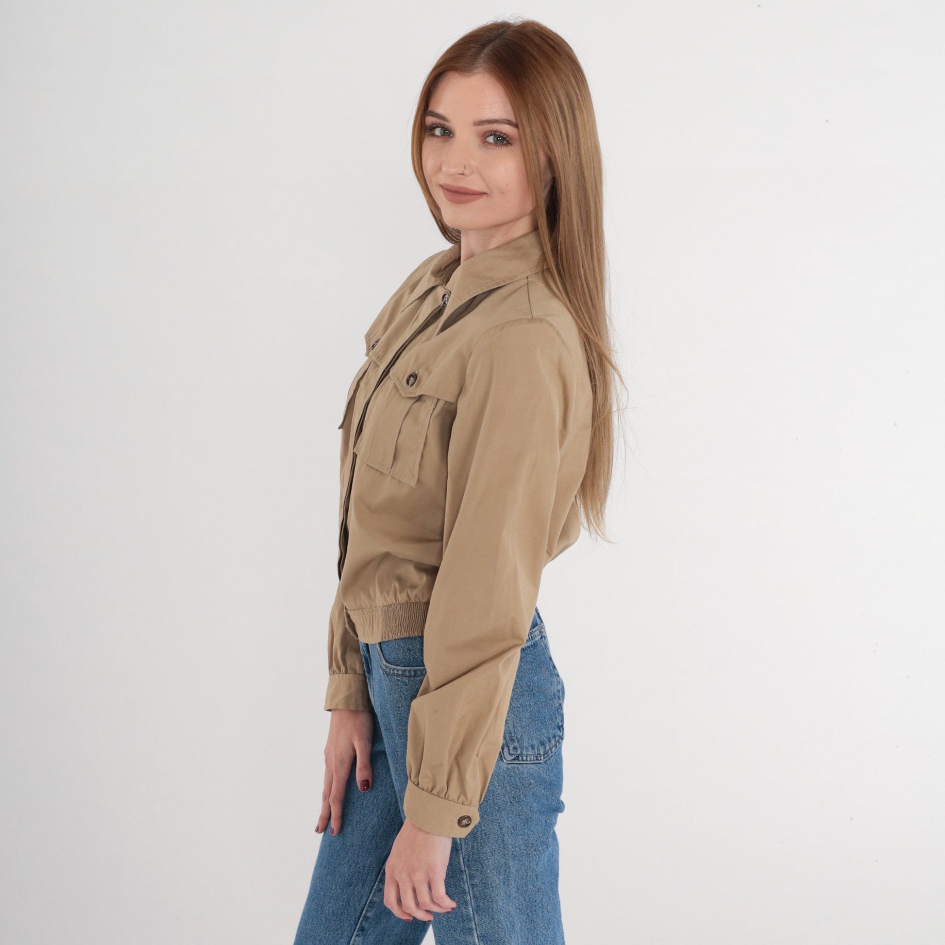 70s Tan Cropped Jacket Cargo Pockets Collared Bomber Extra Small