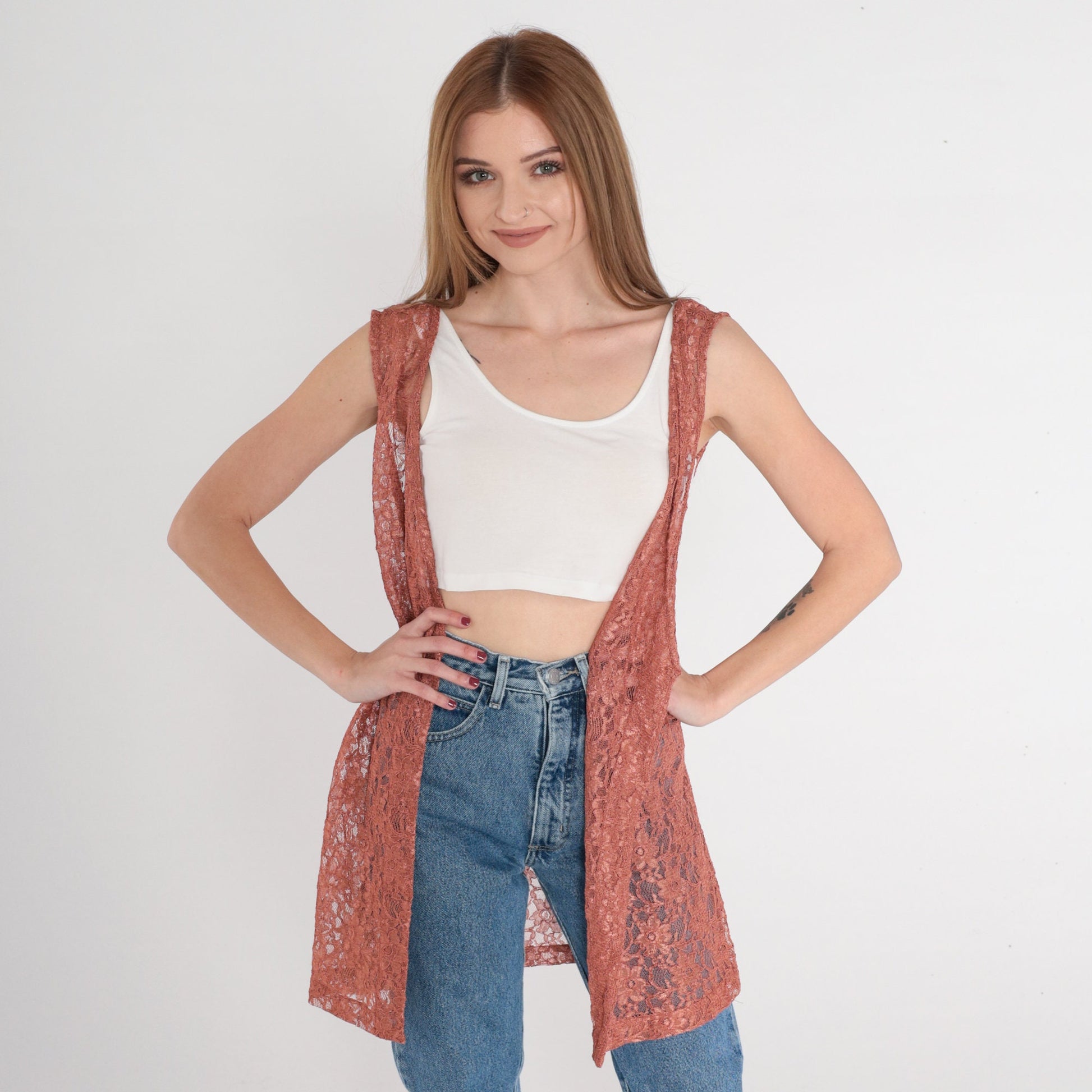 90s Floral Lace Vest Terracotta Sheer Open Front Longline Large L