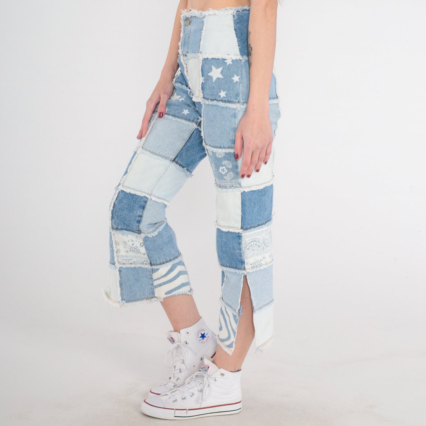 Y2K Patchwork Cropped Jeans Blue Floral Star Print Side Slits 2XS