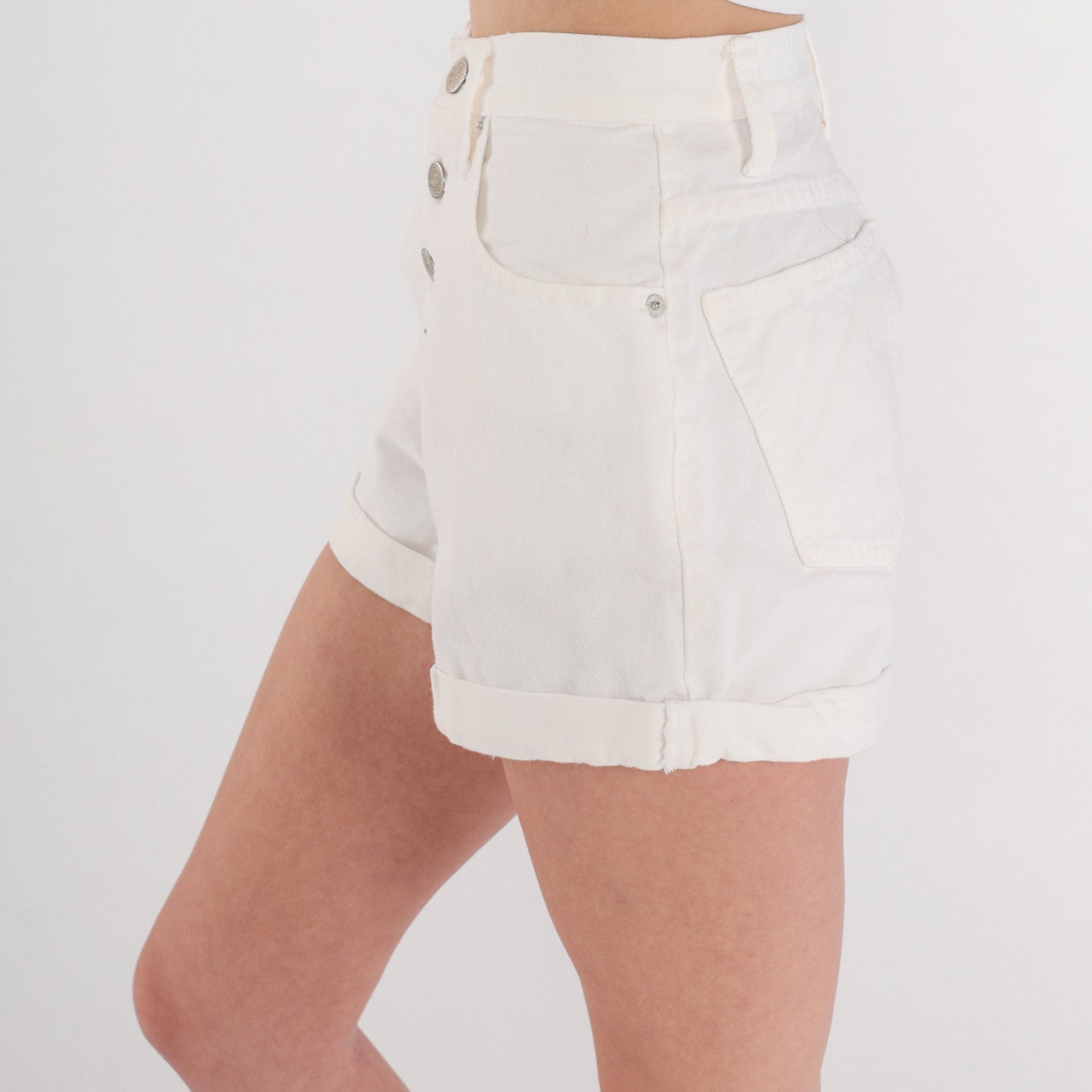 Y2K Lei White Denim Shorts High Waisted Cuffed Button Fly Extra Small