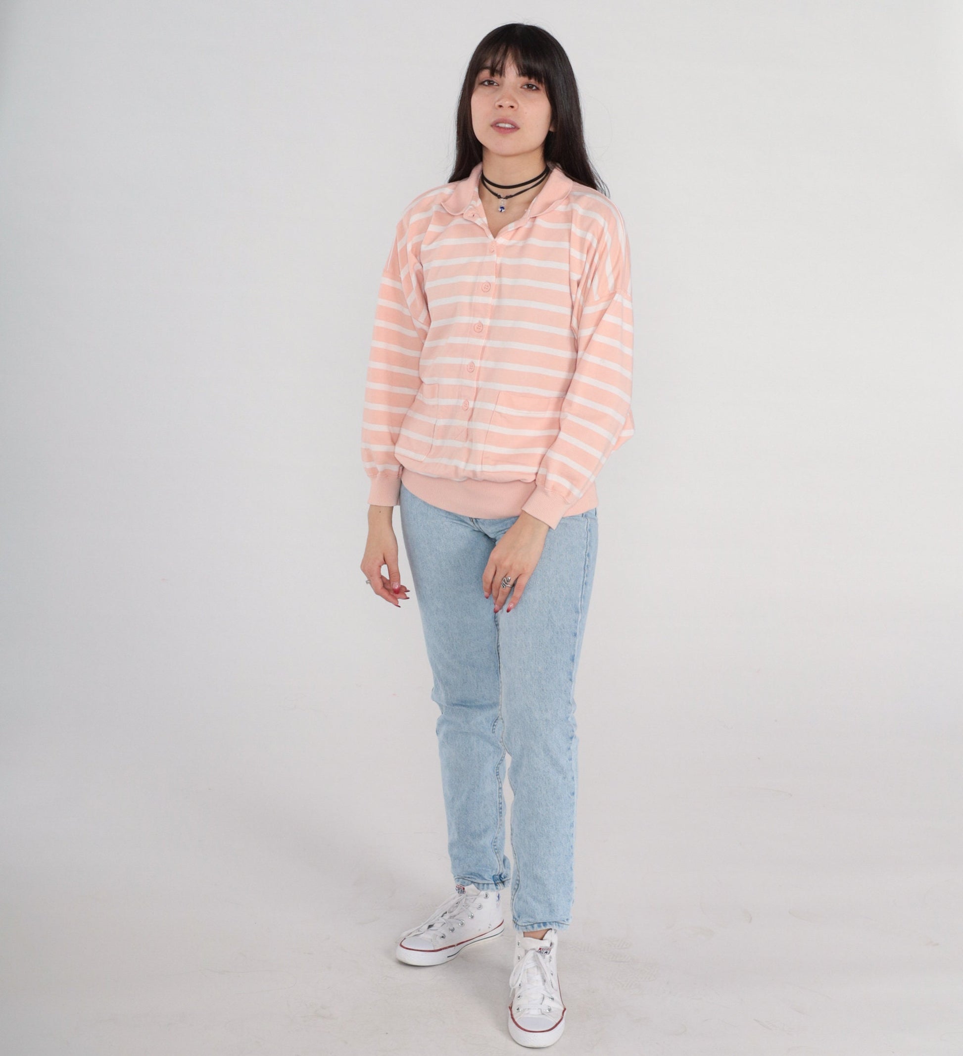 90s Peach Striped Polo Sweatshirt Collared Cotton Blend White Large