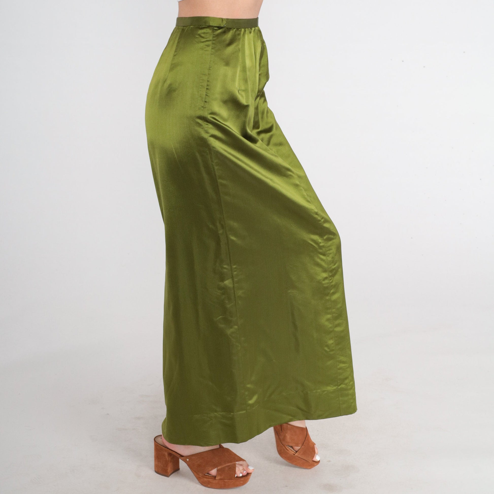 60s High-Waisted Maxi Skirt Shiny Green Pea Acetate Blend XS