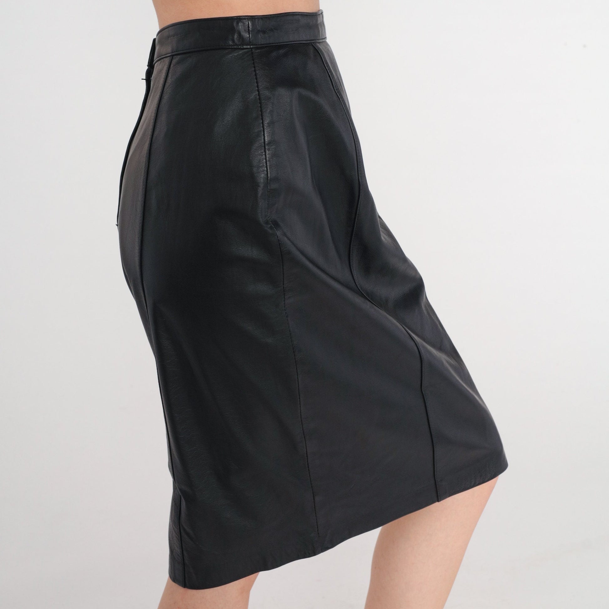 80s Black Leather Pencil Skirt High Waisted Knee Length Small