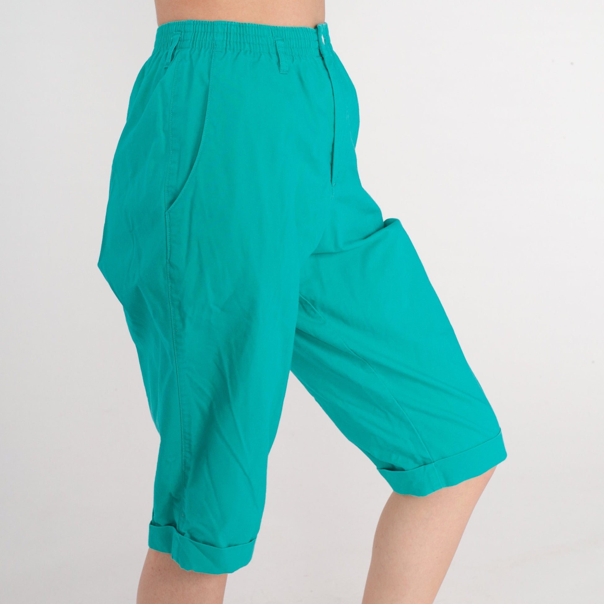 90s Turquoise Capri Pants High Waist Cuffed Cropped Trousers Extra Small