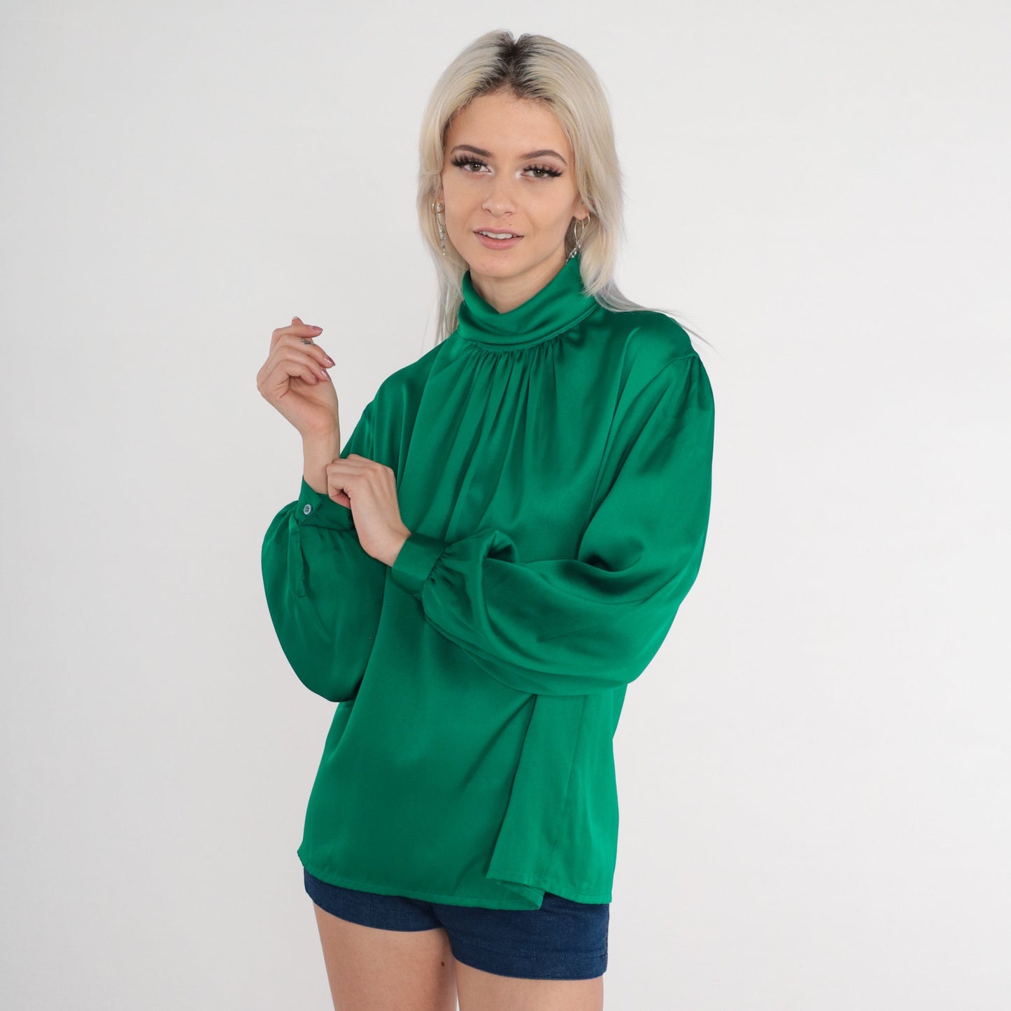 80s Green Satin Pleated Blouse Mock Neck Button Back Long Sleeve Medium
