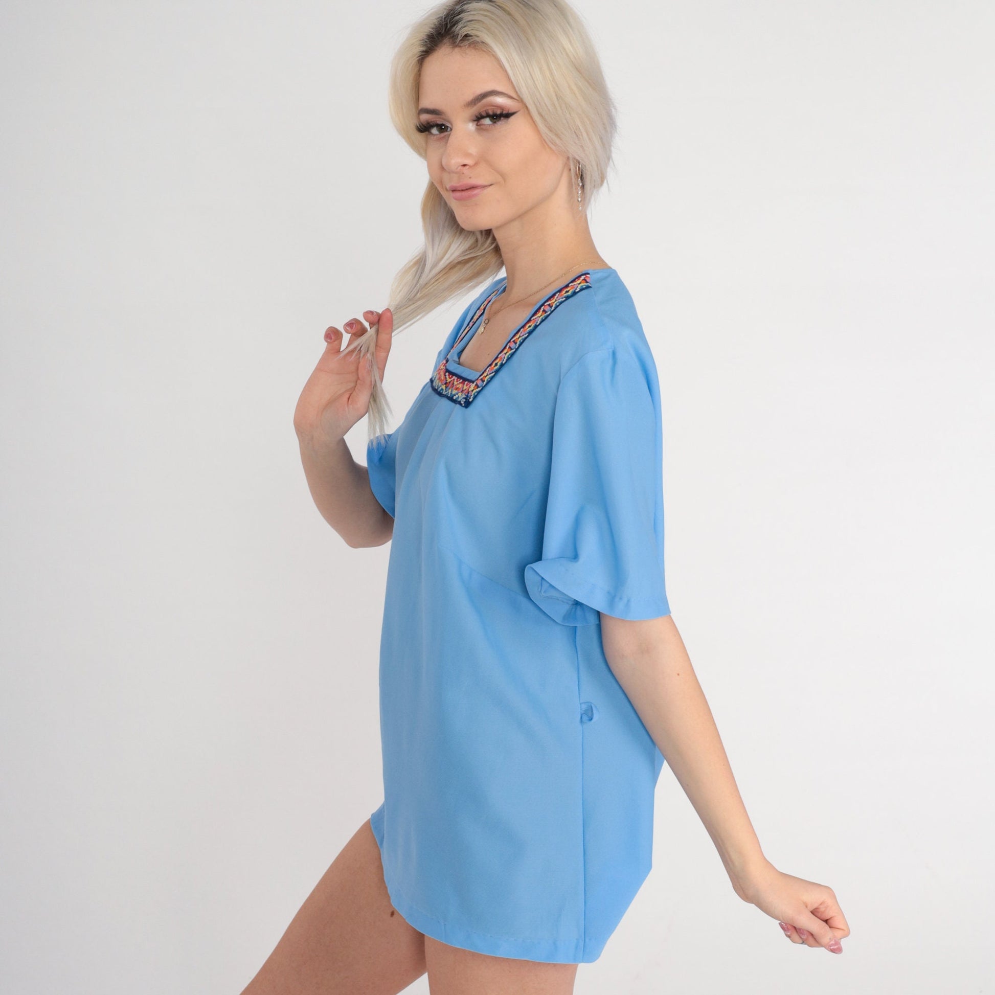 70s Blue Embroidered Blouse Square Neck Belted Short Sleeve Extra Large XL