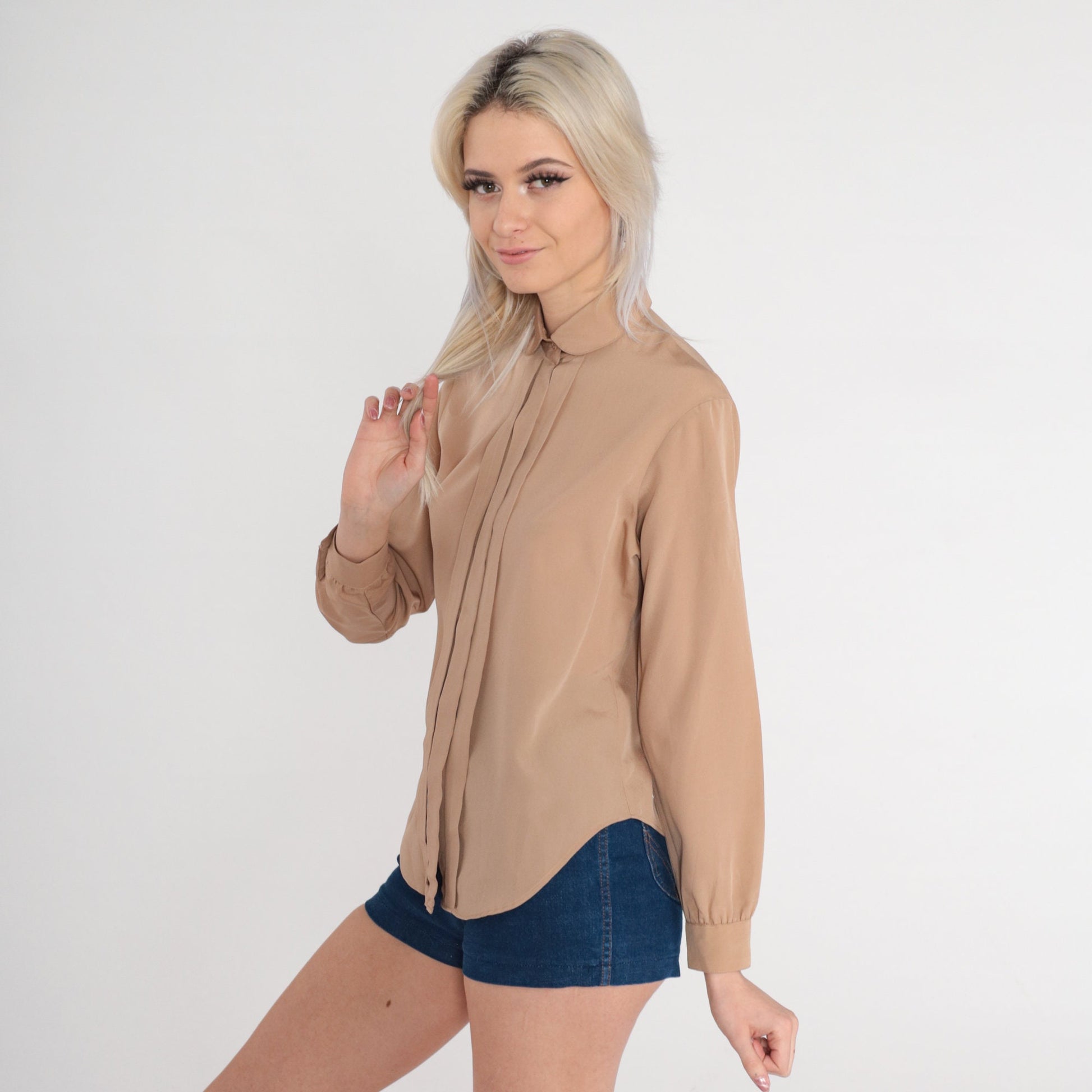 70s Cocoa Brown Peter Pan Collar Blouse Pleated Button Up Long Sleeve Extra Small