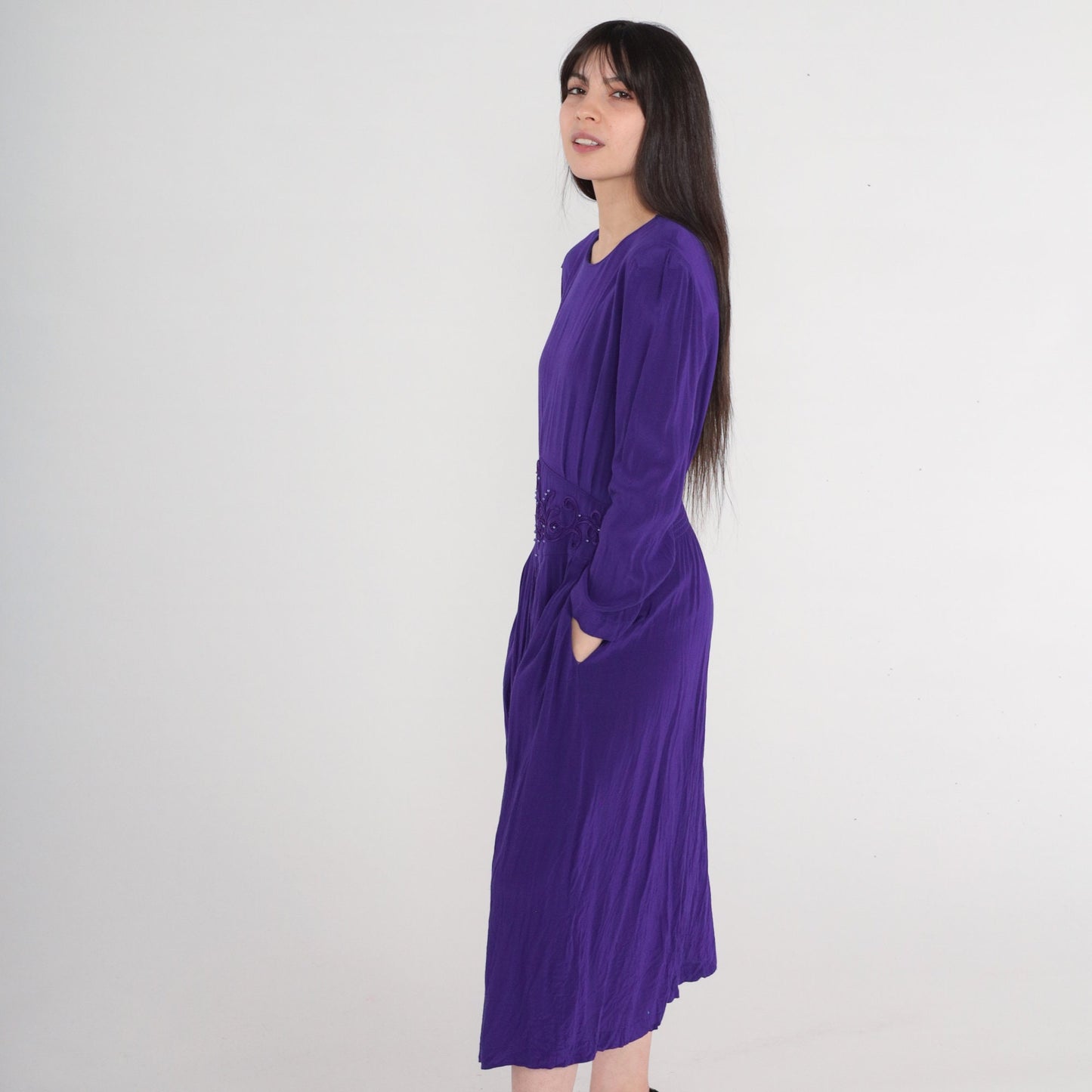 80s Karin Stevens Royal Purple Beaded Midi Dress Puff Sleeve Medium