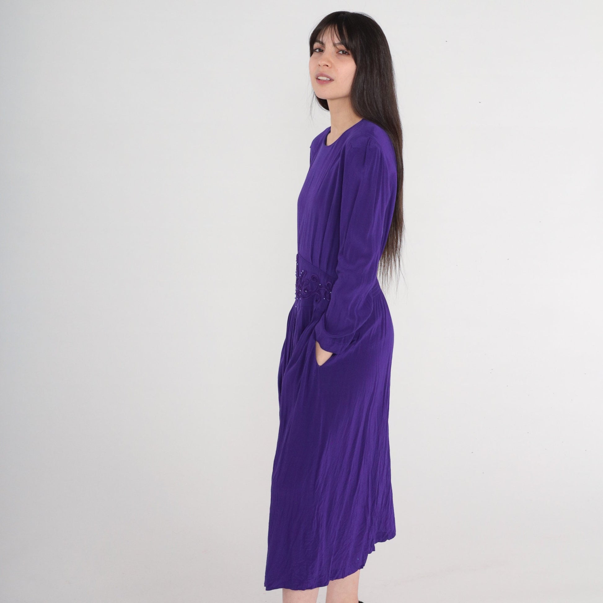 80s Karin Stevens Royal Purple Beaded Midi Dress Puff Sleeve Medium