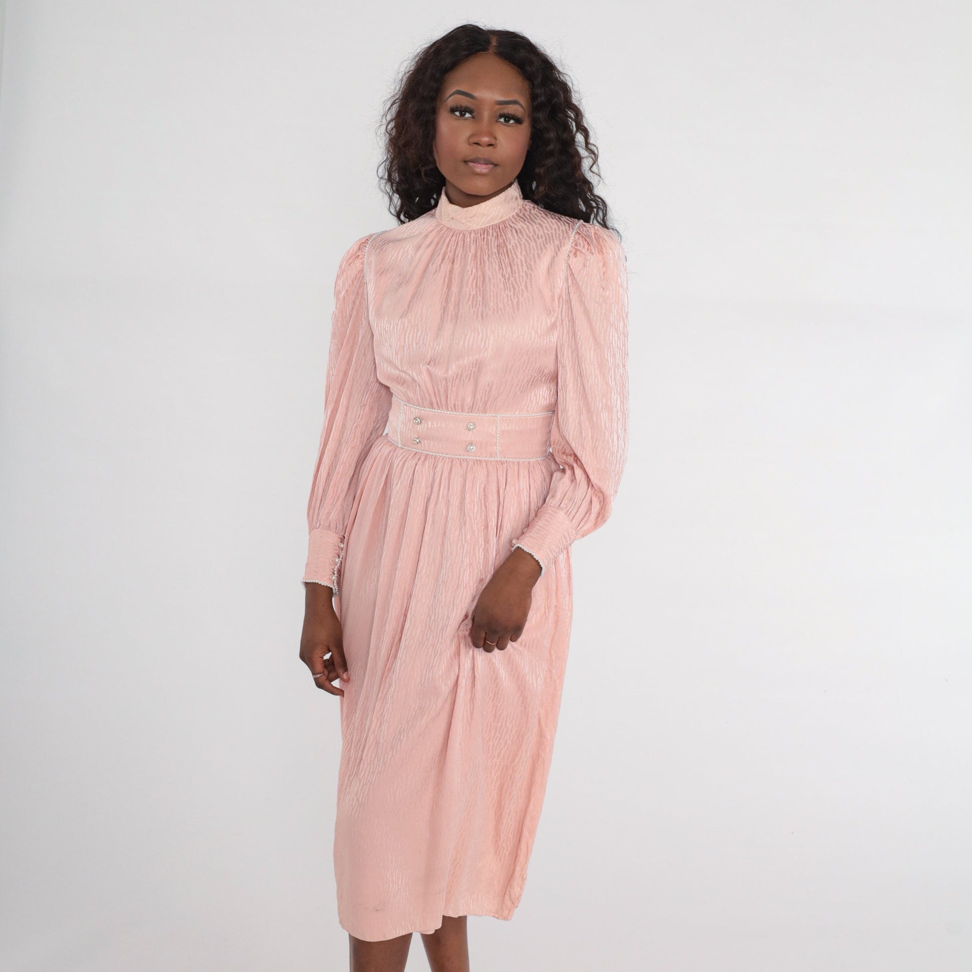 80s Diane Dickenson Saks Fifth Ave Baby Pink Midi Dress Puff Sleeve Small