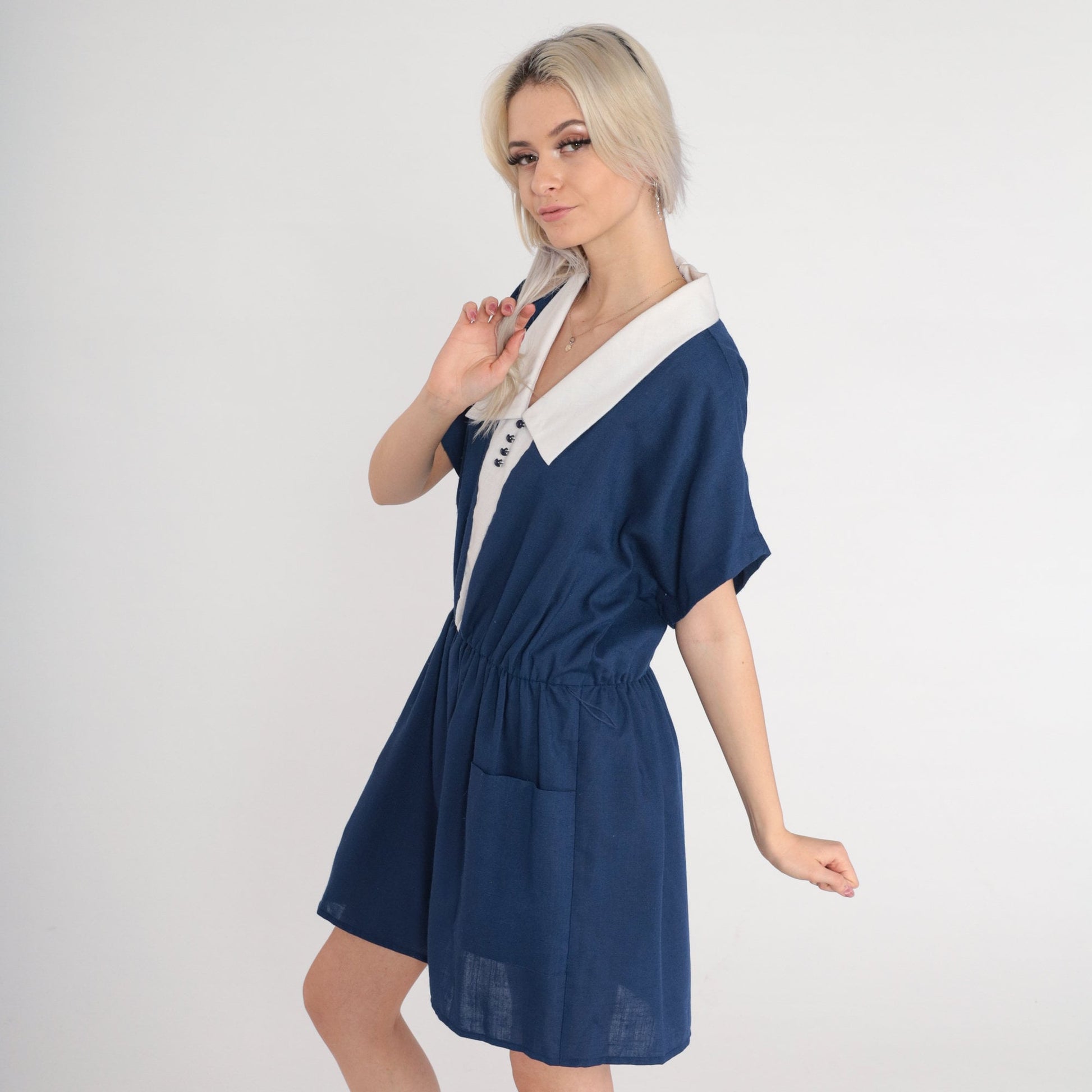 80s Blue Mini Dress White Chelsea Collar High Waisted Pockets Large L