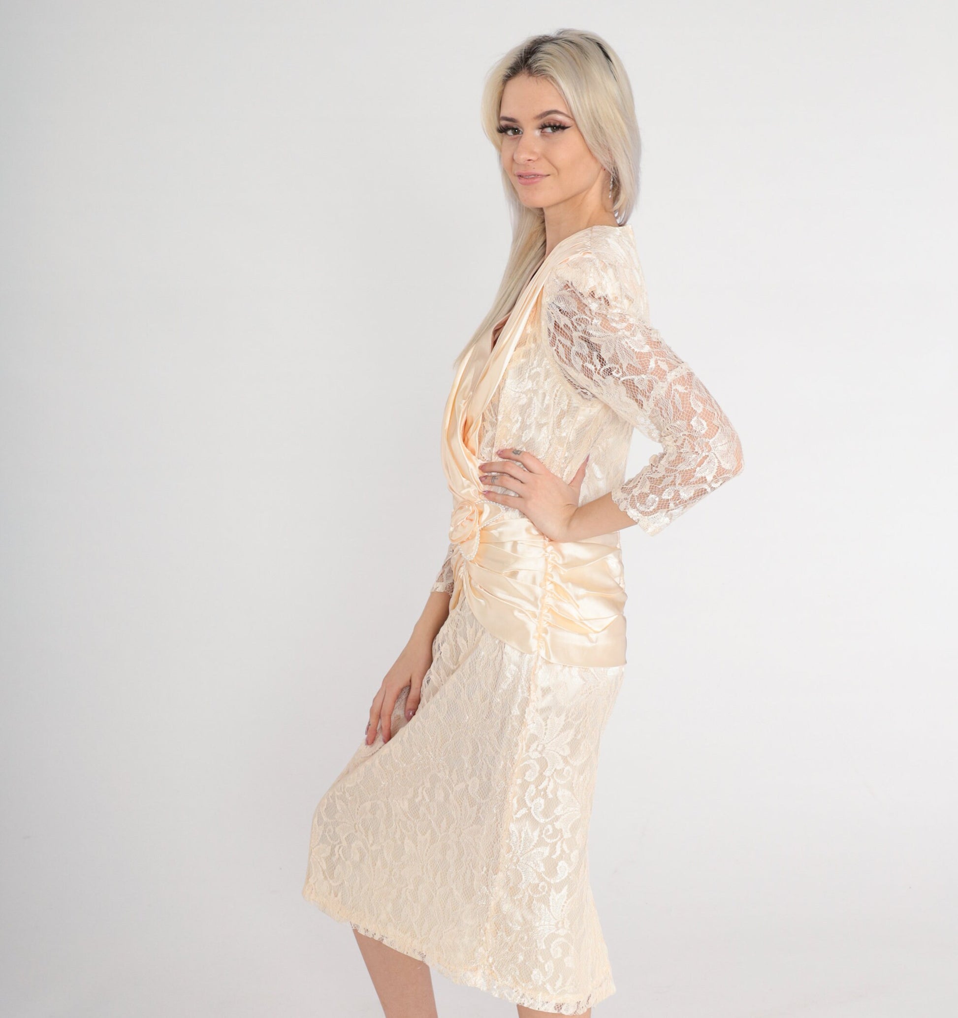 80s Peach Floral Lace Midi Dress Puff Sleeve Rosette Satin Drape Small