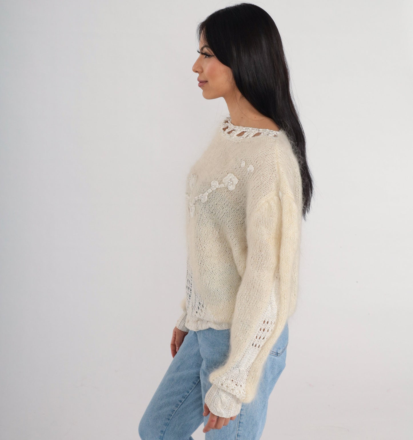 80s Cream Mohair Floral Sweater Pearl Beaded Cable Knit Cutout Pullover Large L