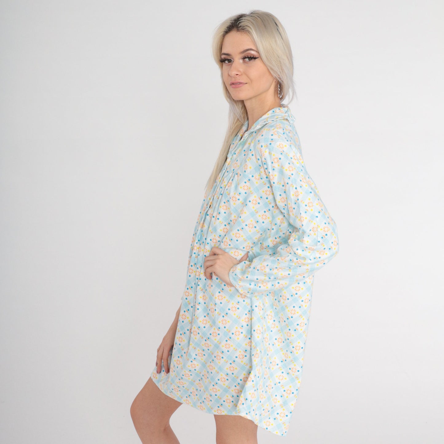 70s Checkered Floral Pajama Dress Cotton Fleece Nightgown Mini White Blue Medium