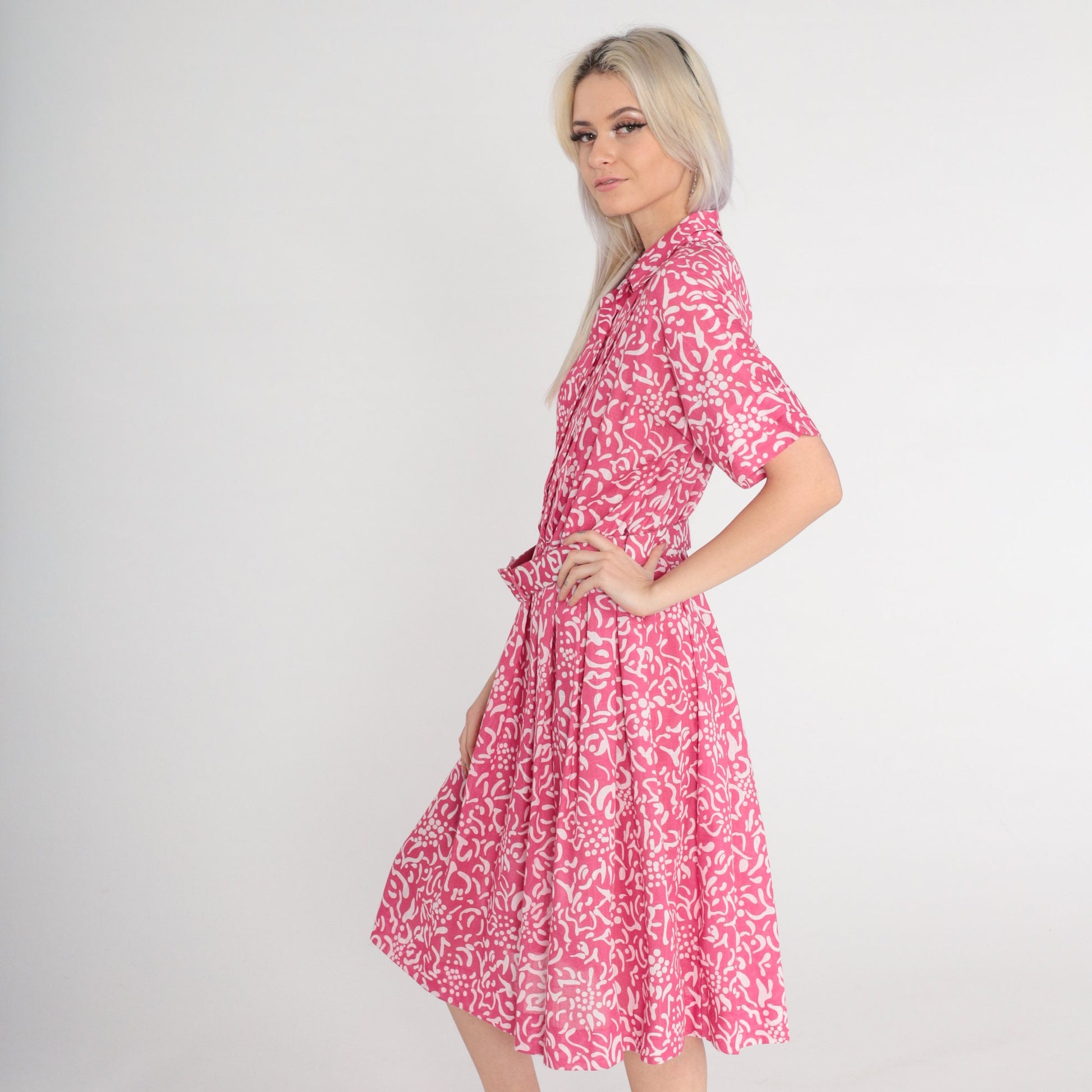 80s Leslie Fay Pink Floral Midi Shirtwaist Dress High Waisted Belted Medium