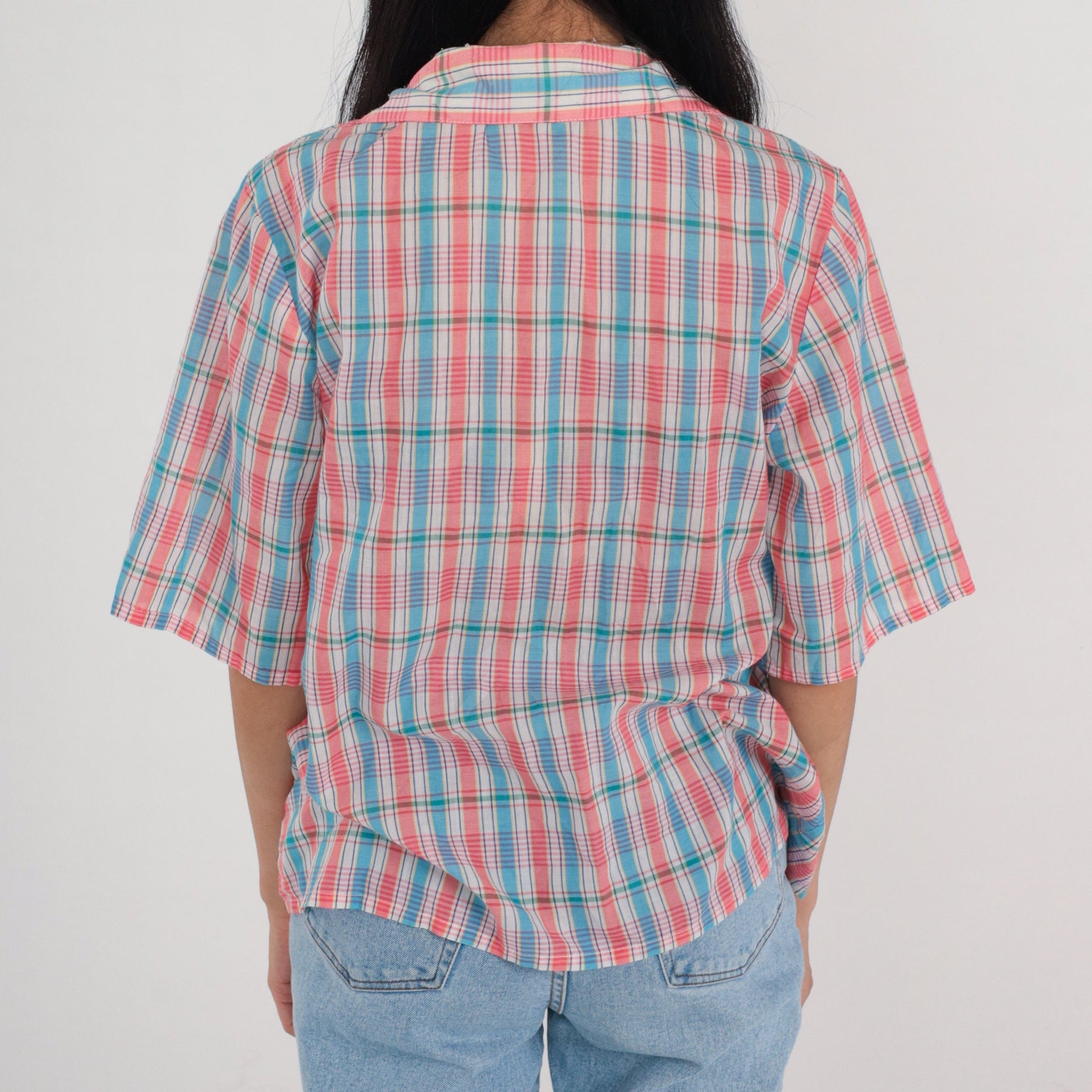 80s Plaid Button-Up Blouse Pink White Blue Checkered Short Sleeve Large L