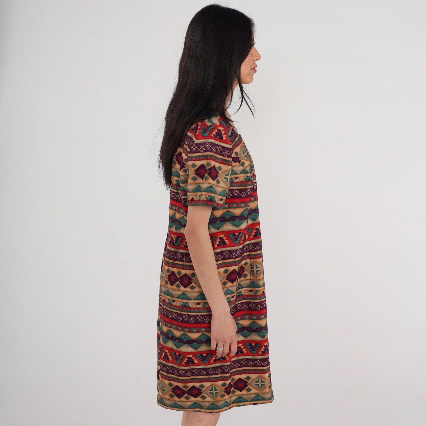 Y2K Geometric Striped Mini Dress Short Sleeve Shift Brown Red Green Large 12