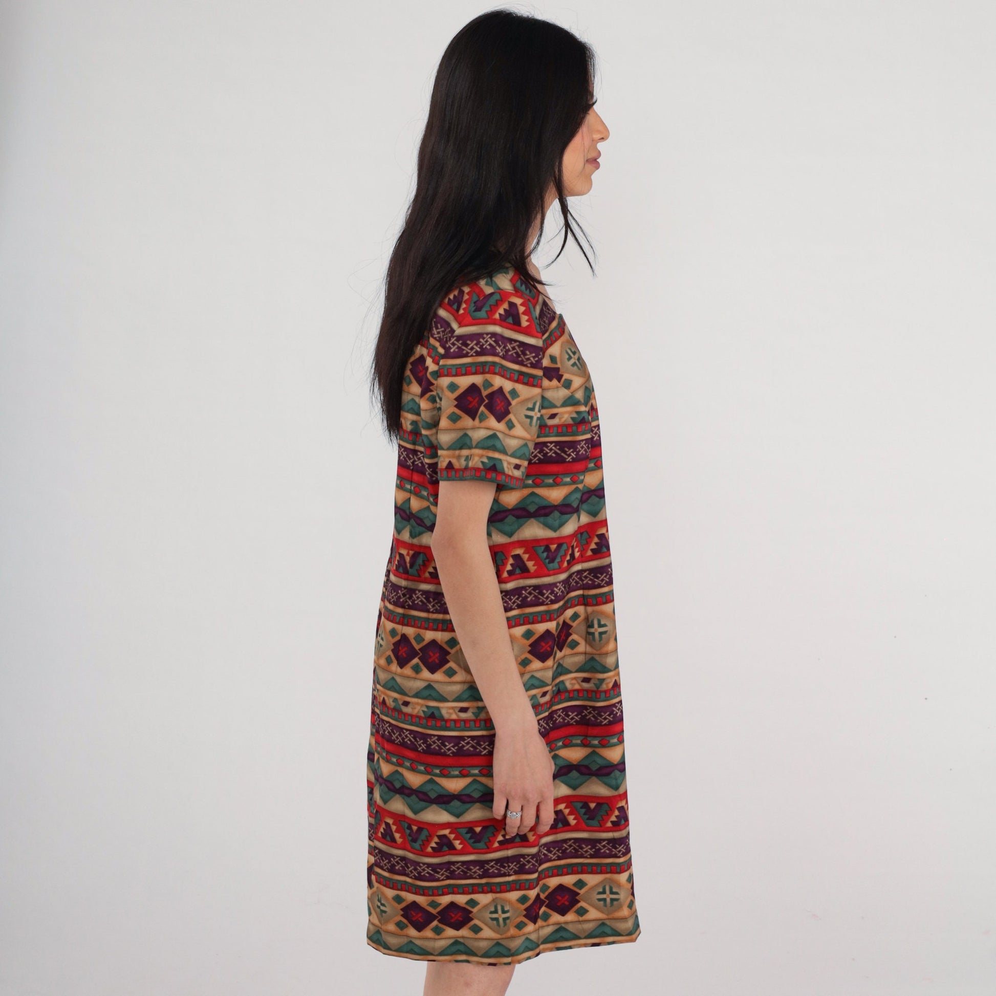 Y2K Geometric Striped Mini Dress Short Sleeve Shift Brown Red Green Large 12