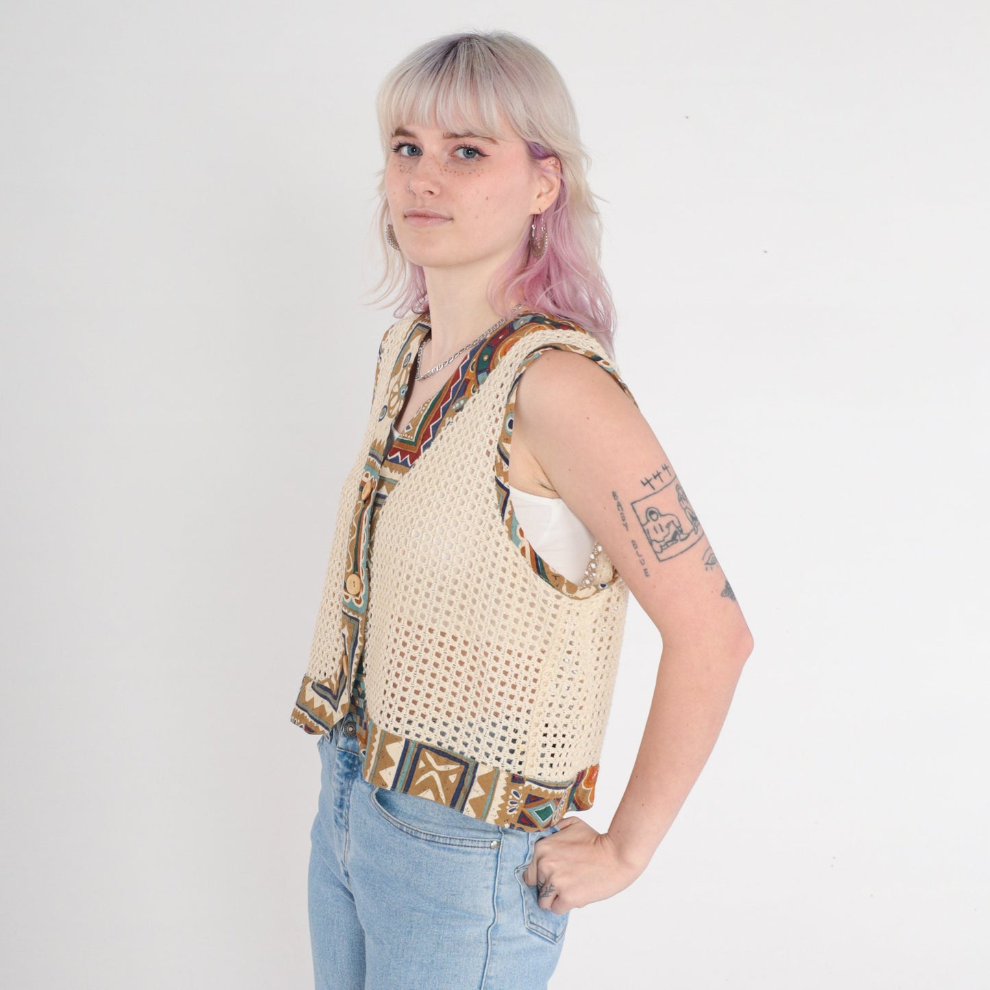 90s Cream Crochet Tank Top Geometric Open Weave Button Front Large L