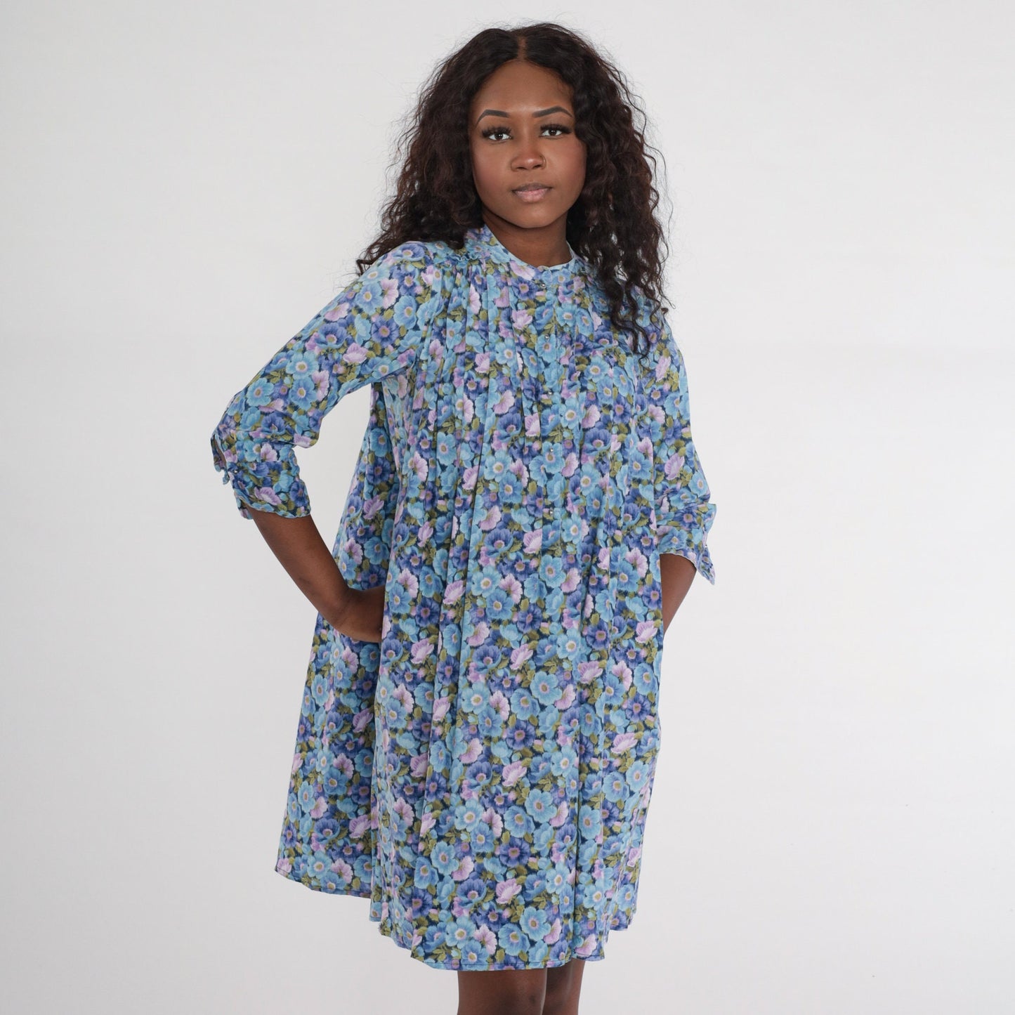 80s Floral Tent Dress Blue Purple Button Up 3/4 Sleeve Mini Small