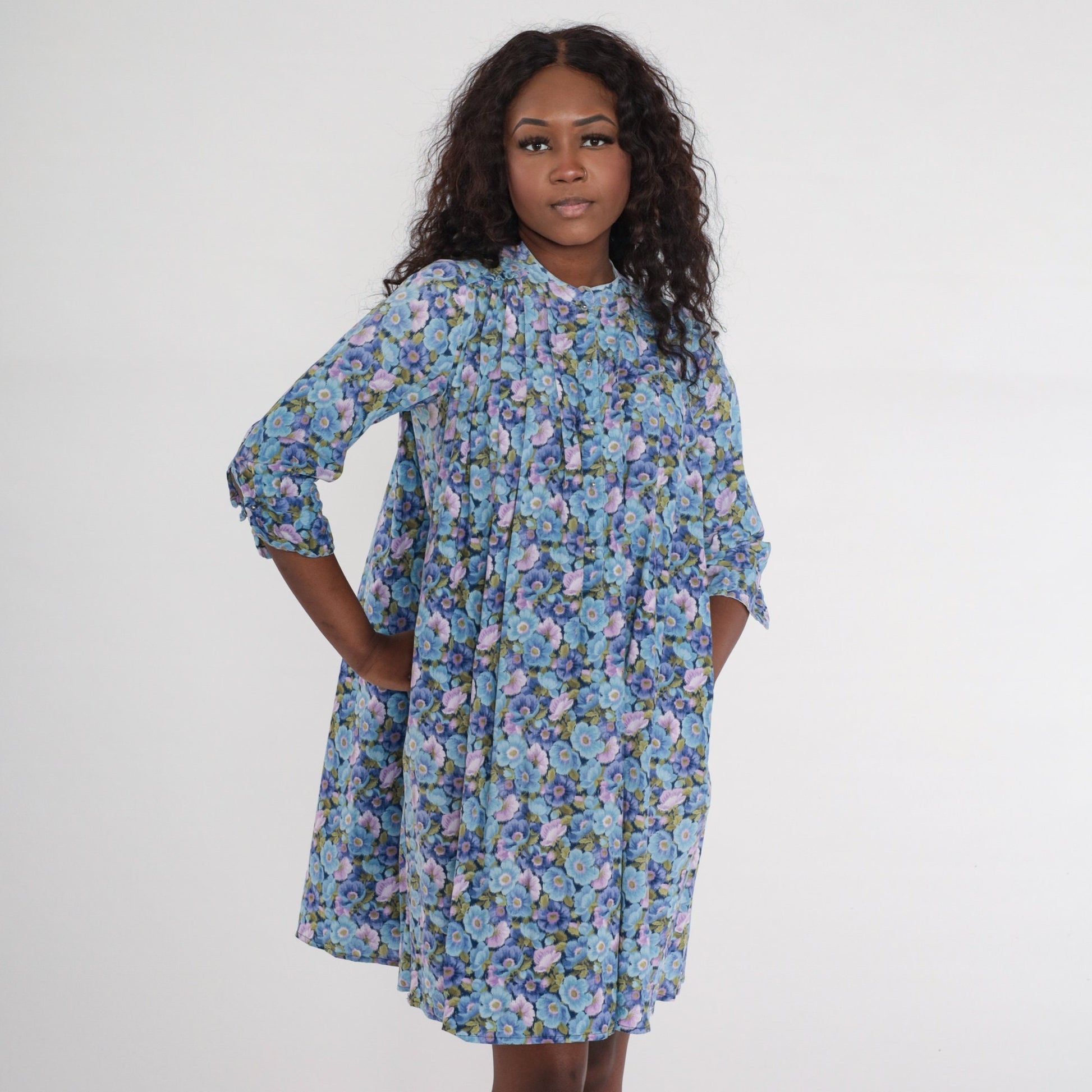 80s Floral Tent Dress Blue Purple Button Up 3/4 Sleeve Mini Small