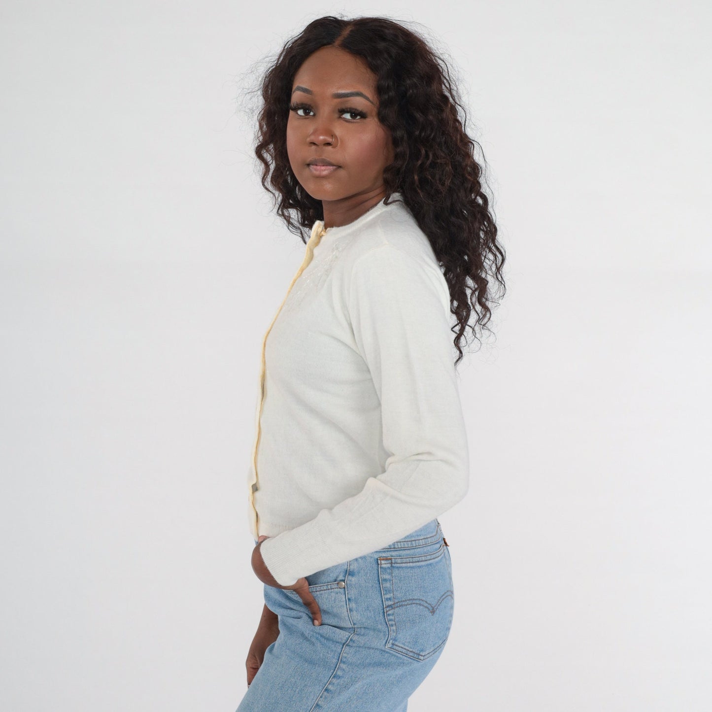 1960s Beaded Cardigan White Button-Up Knit Sweater Small