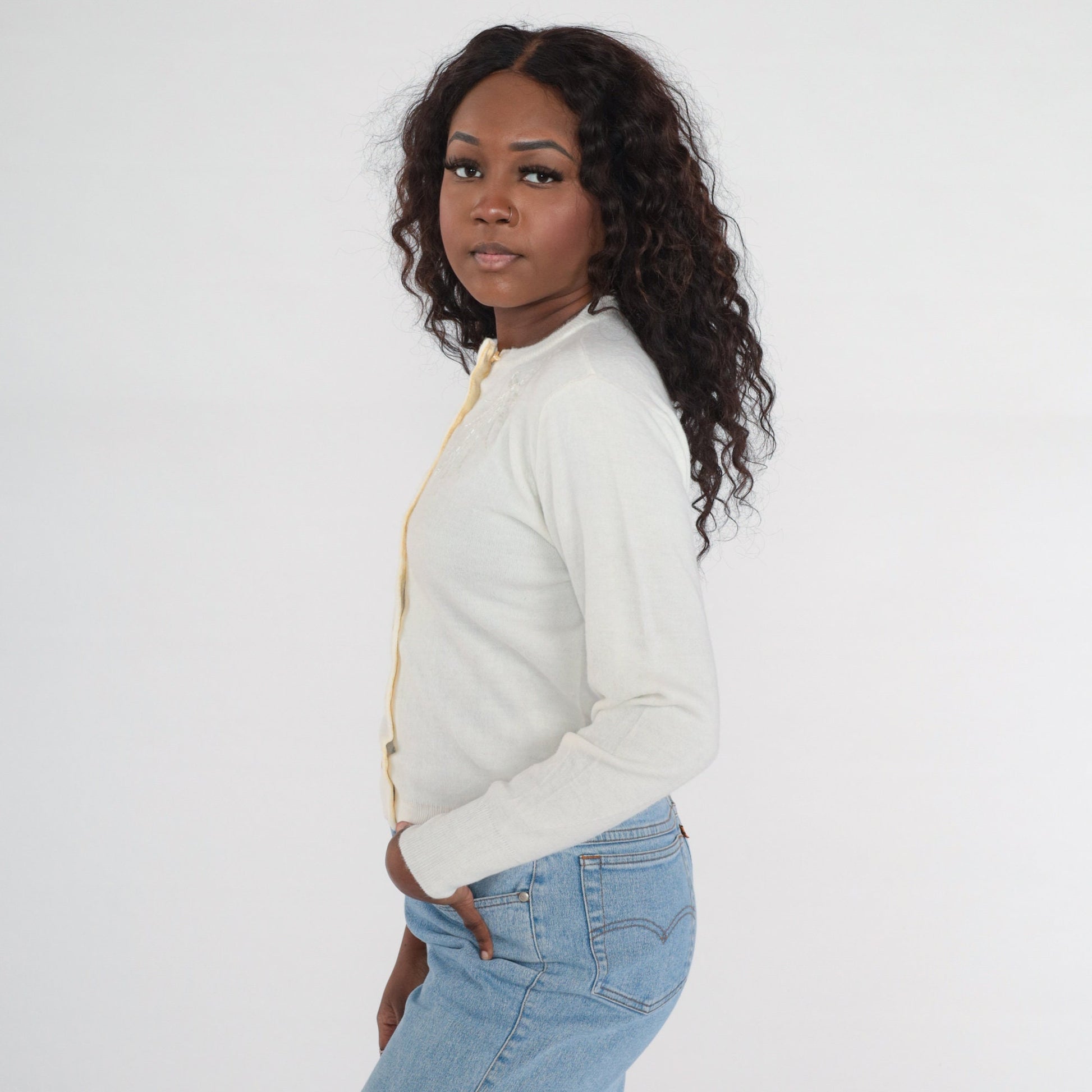 1960s Beaded Cardigan White Button-Up Knit Sweater Small