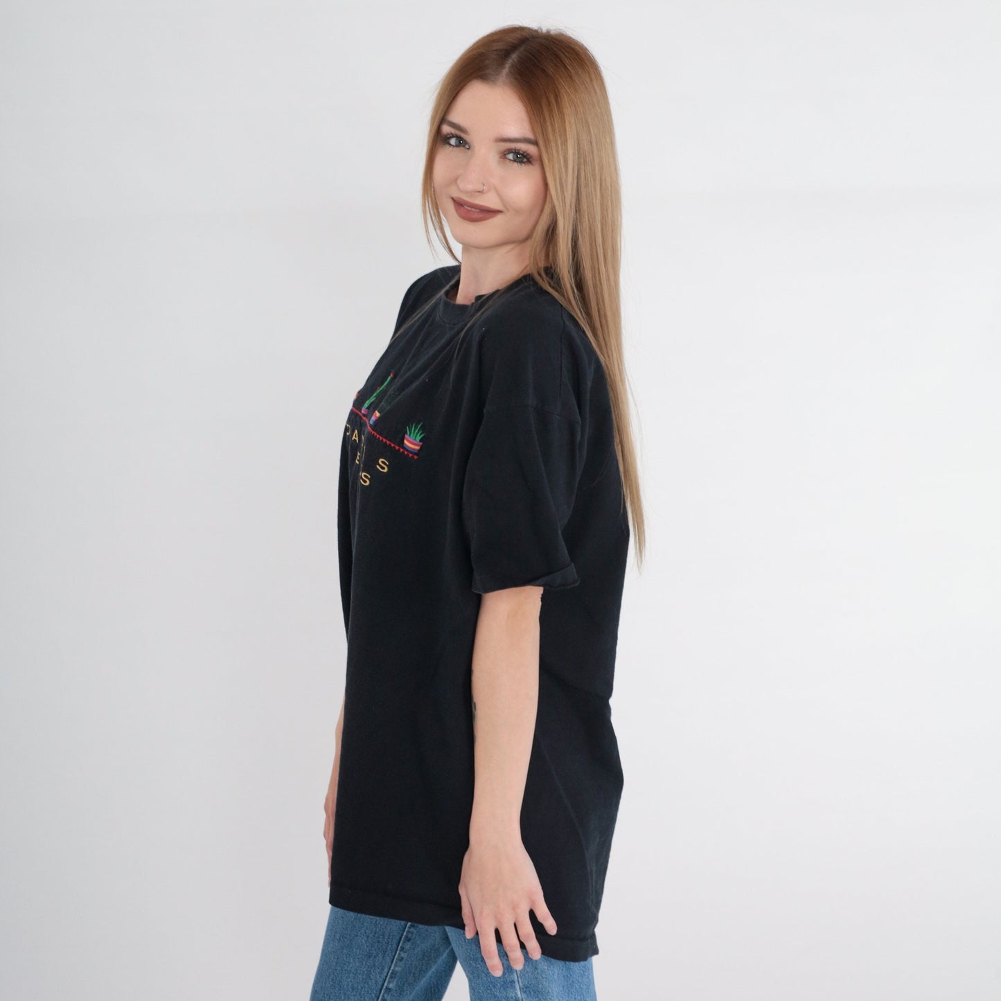 90s Dallas Texas Embroidered Potted Plants T-Shirt Black Cotton Extra Large XL