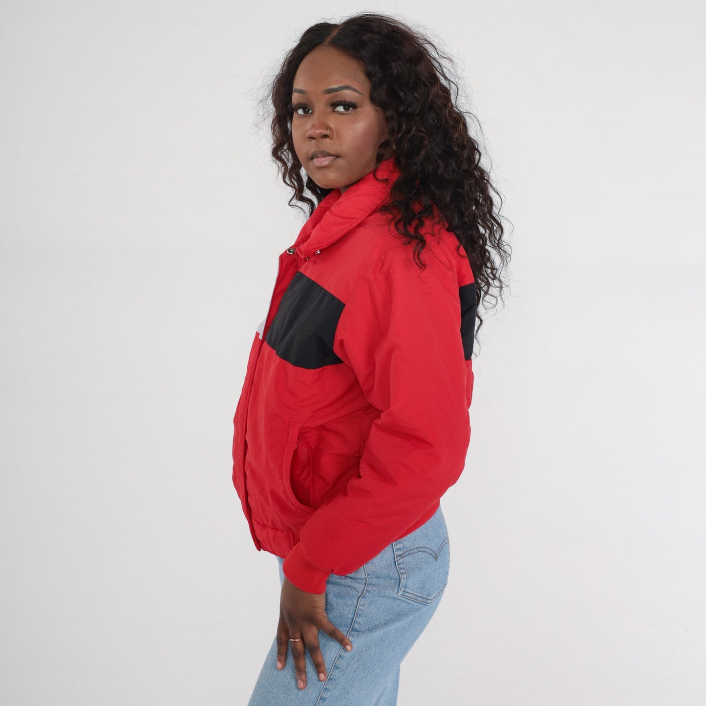 80s Trail Master Color Block Puffer Ski Jacket Red Grey Black Medium