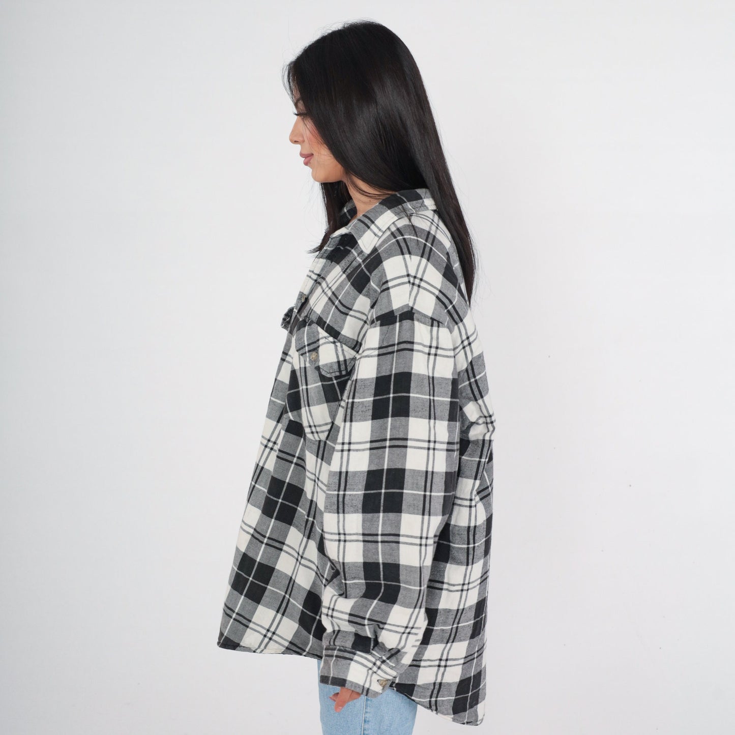 90s Black White Plaid Button Jacket Plus Size XXL