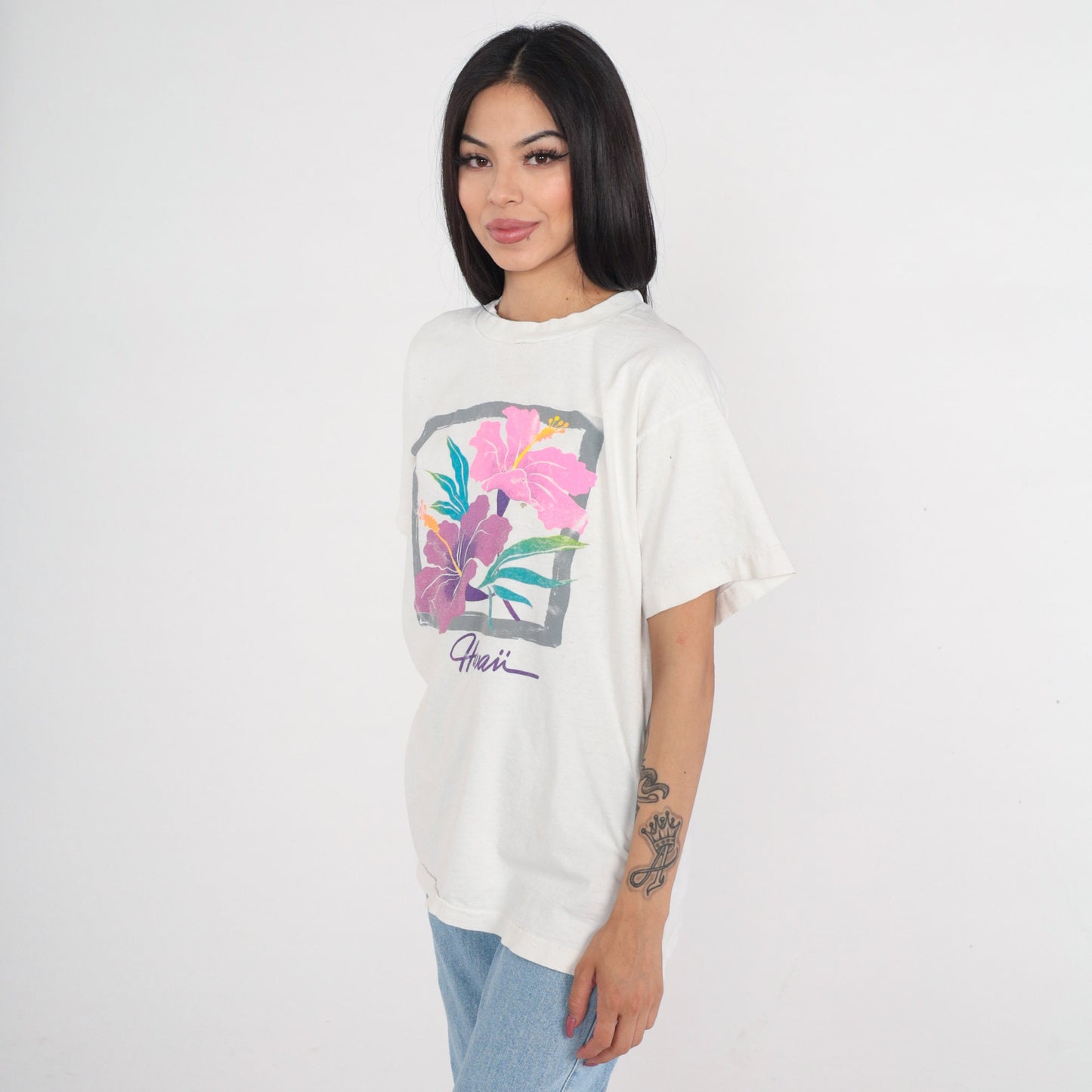 90s Hawaii Hibiscus Flower Graphic T-Shirt White Single Stitch Large