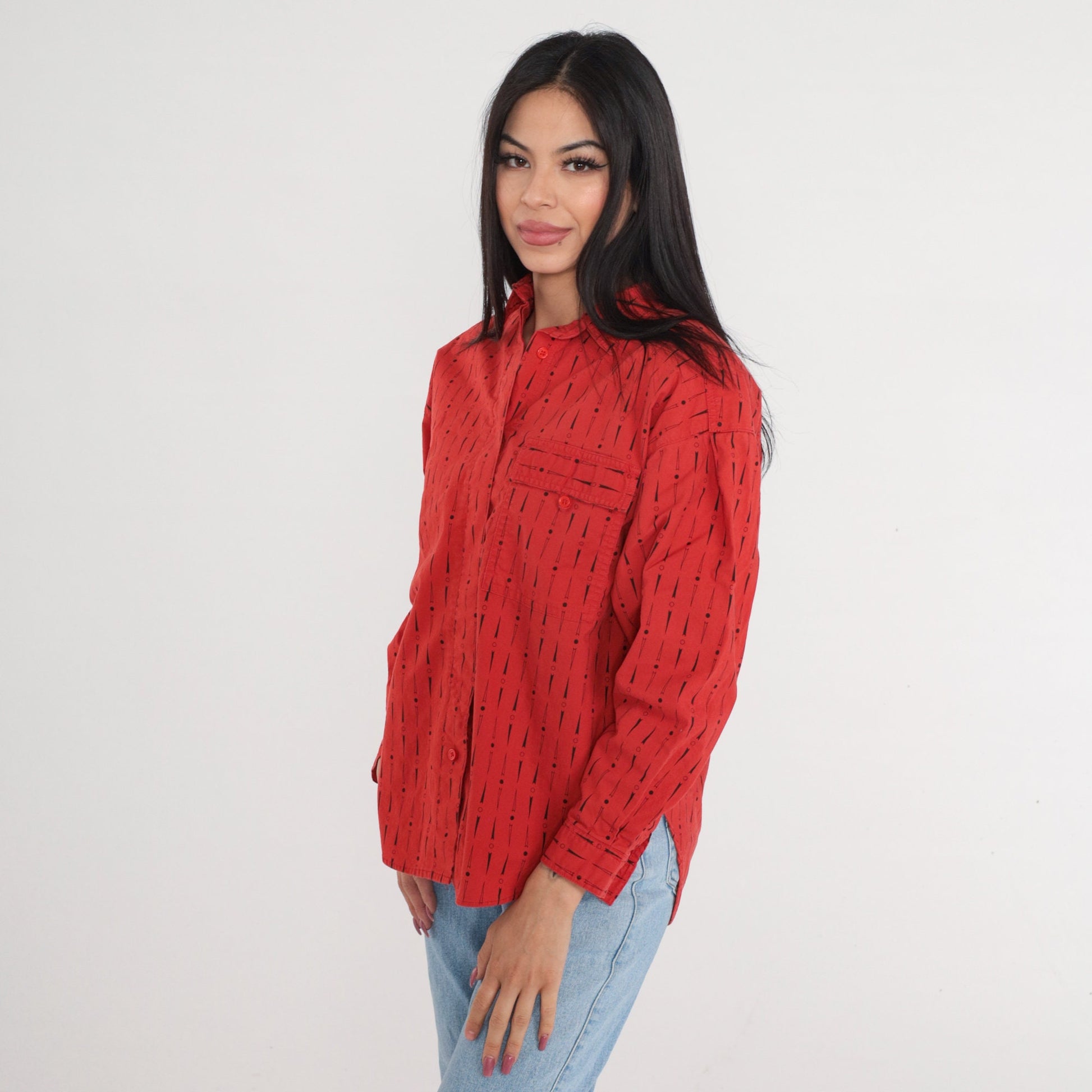 90s Red Cotton Button-Up Shirt Dot Arrow Print Long Sleeve Medium
