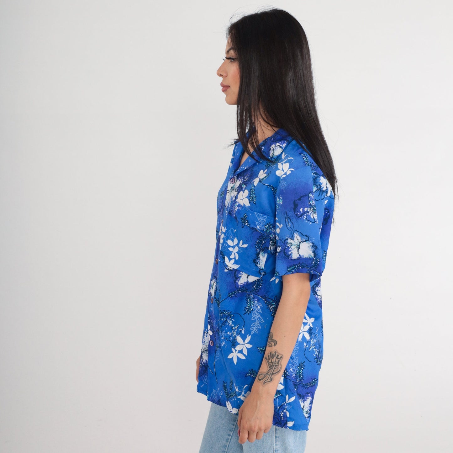 70s Hawaiian Shirt Blue Tropical Floral Button Up Short Sleeve Medium M