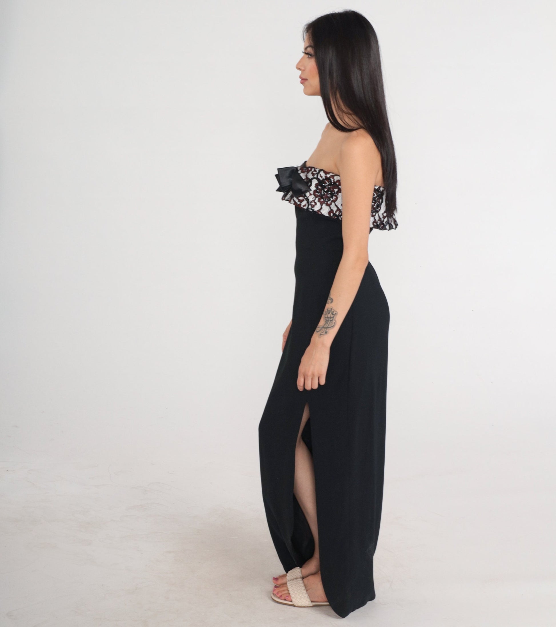 Y2K Black Strapless Maxi Dress Lace Bow Side Slit Formal Gown Small S