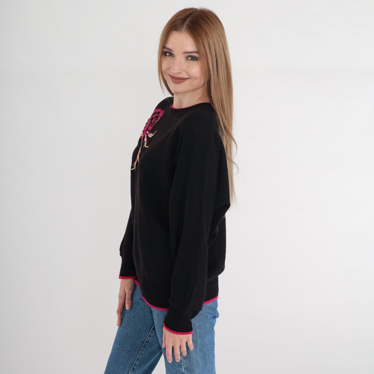 80s Black Knit Sweater Pink Purple Embroidered Floral Pullover Medium M
