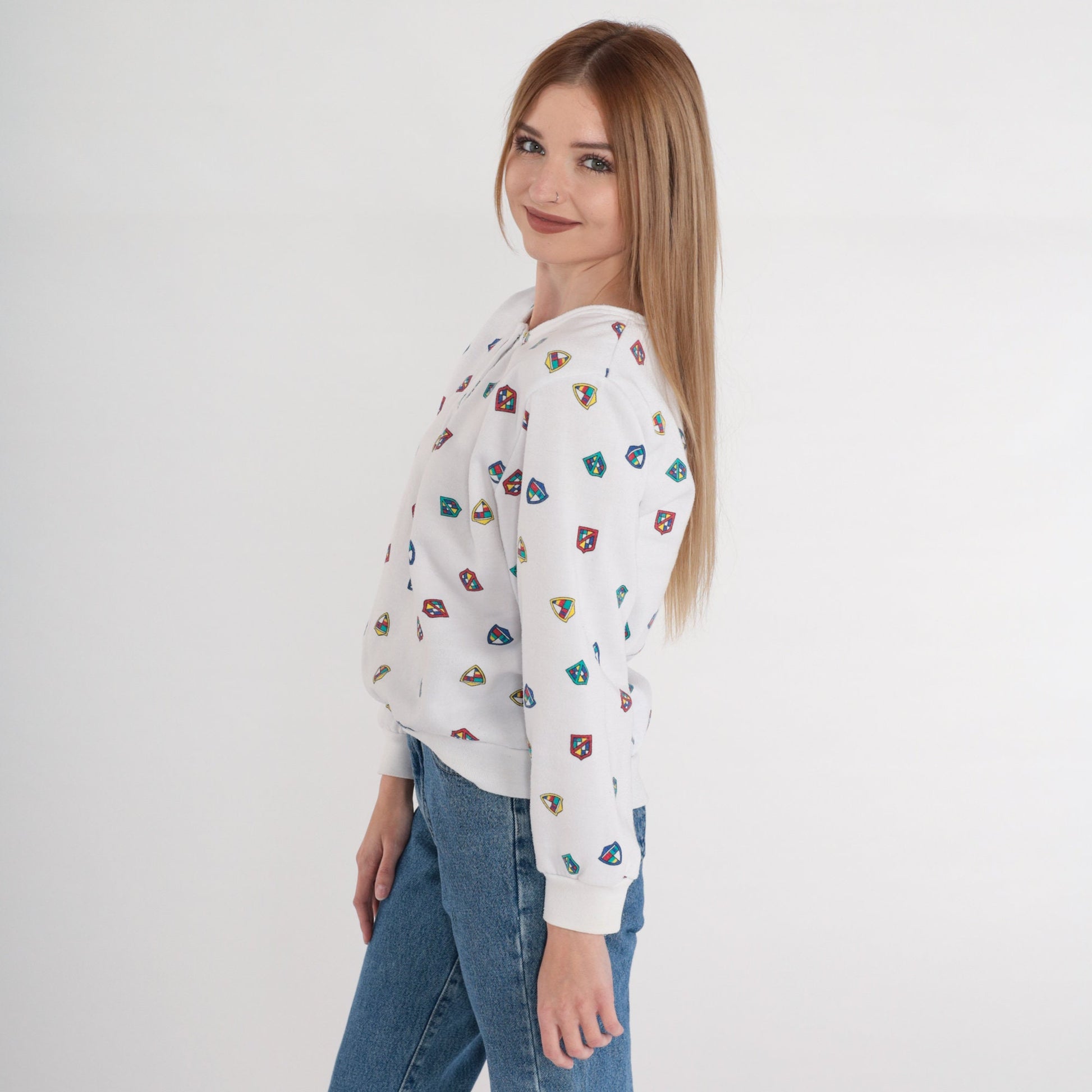 80s Crest Print Henley Sweatshirt White Snap Pullover Medium