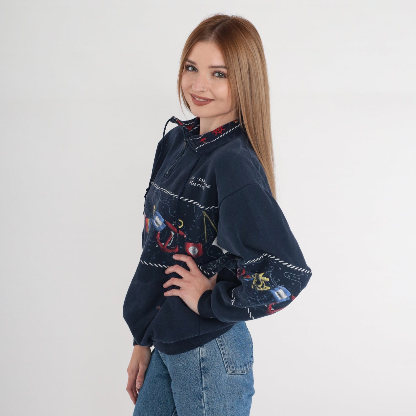 90s John Wayne Marina Celestial Quarter Zip Sweatshirt Navy Blue Medium M