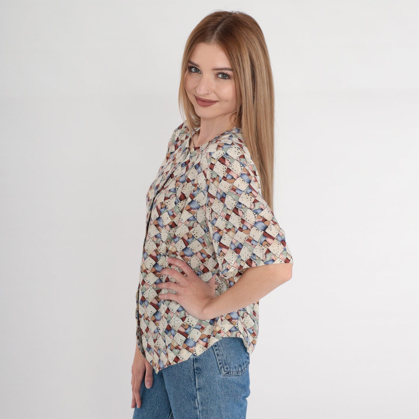 Y2K Abstract Print Button-Up Blouse Short Sleeve Multicolor Op Art Top Large 12