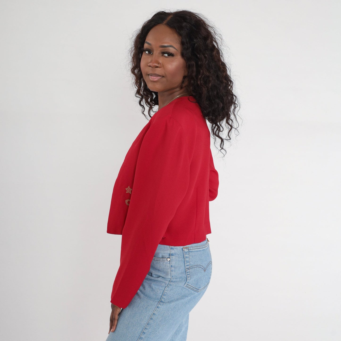 90s Red Cropped Jacket Gold Star Embroidered Open Front Blazer Extra Large XXL