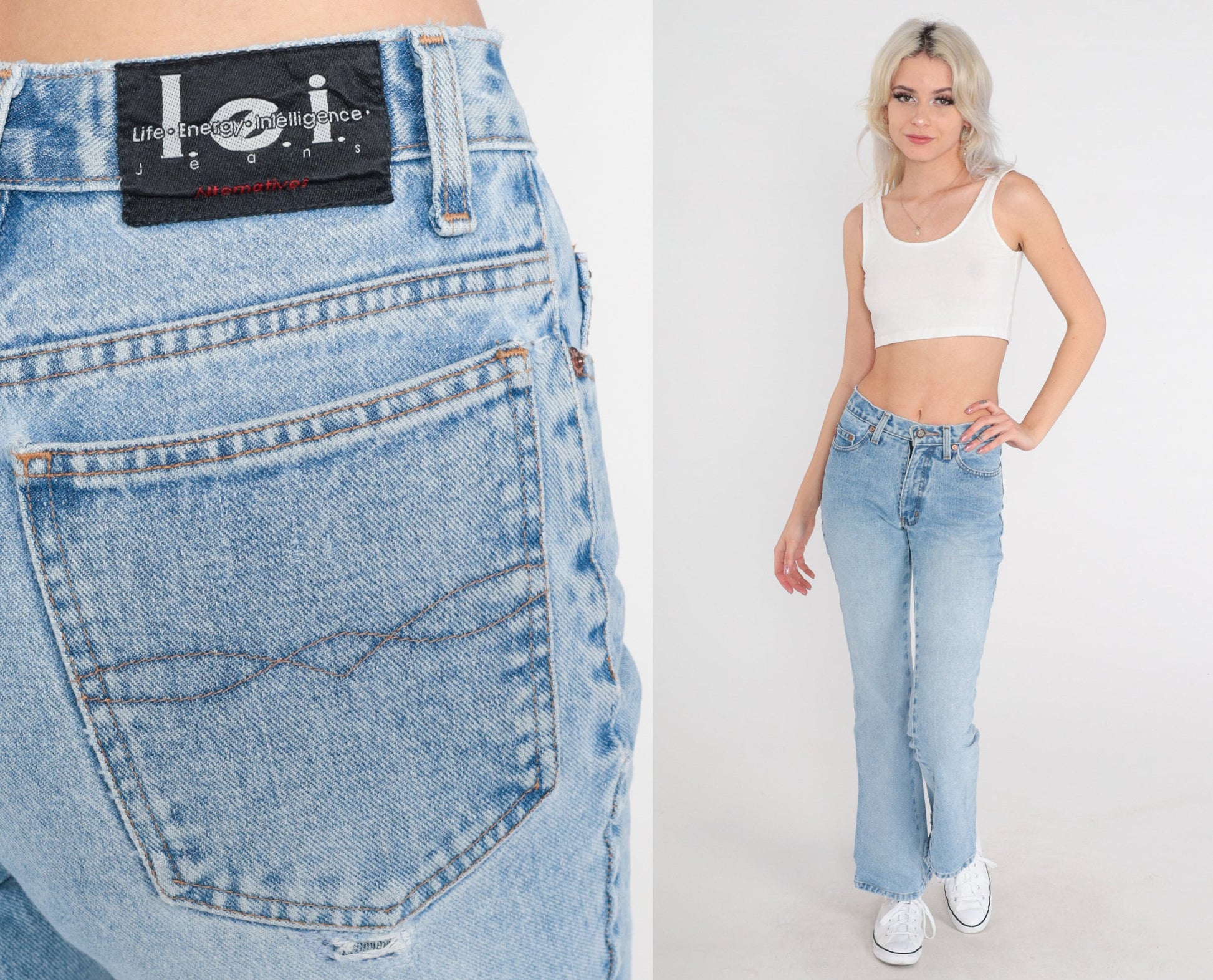 00s Lei Flared Low Rise Jeans Faded Blue Denim Distressed Bootcut 2XS