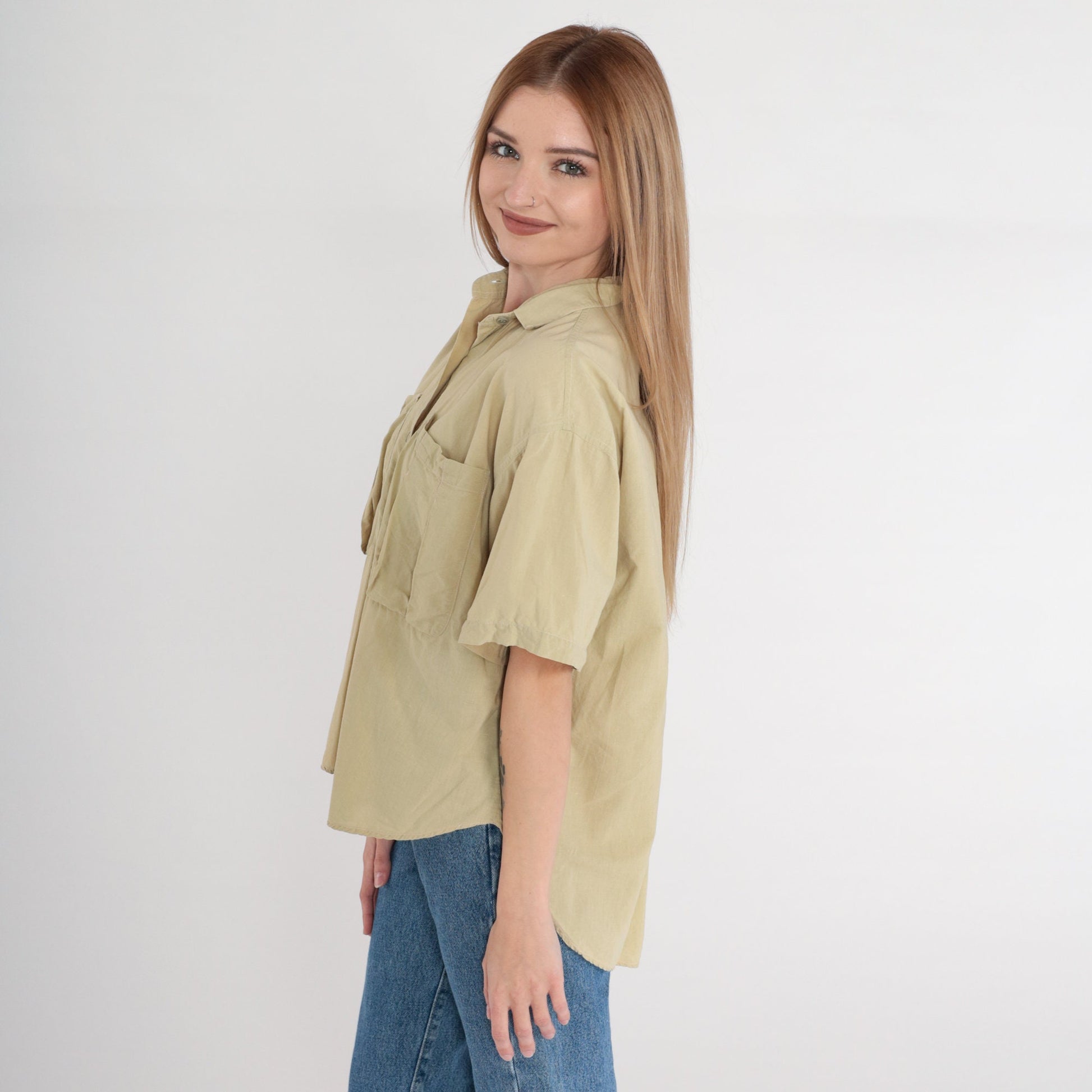 90s Green Cotton Button-Up Shirt Chest Pocket Short Sleeve Medium
