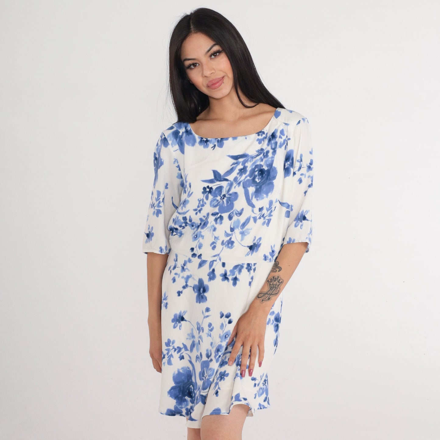 00s White Blue Floral Mini Dress High Waist A-Line Short Sleeve Large
