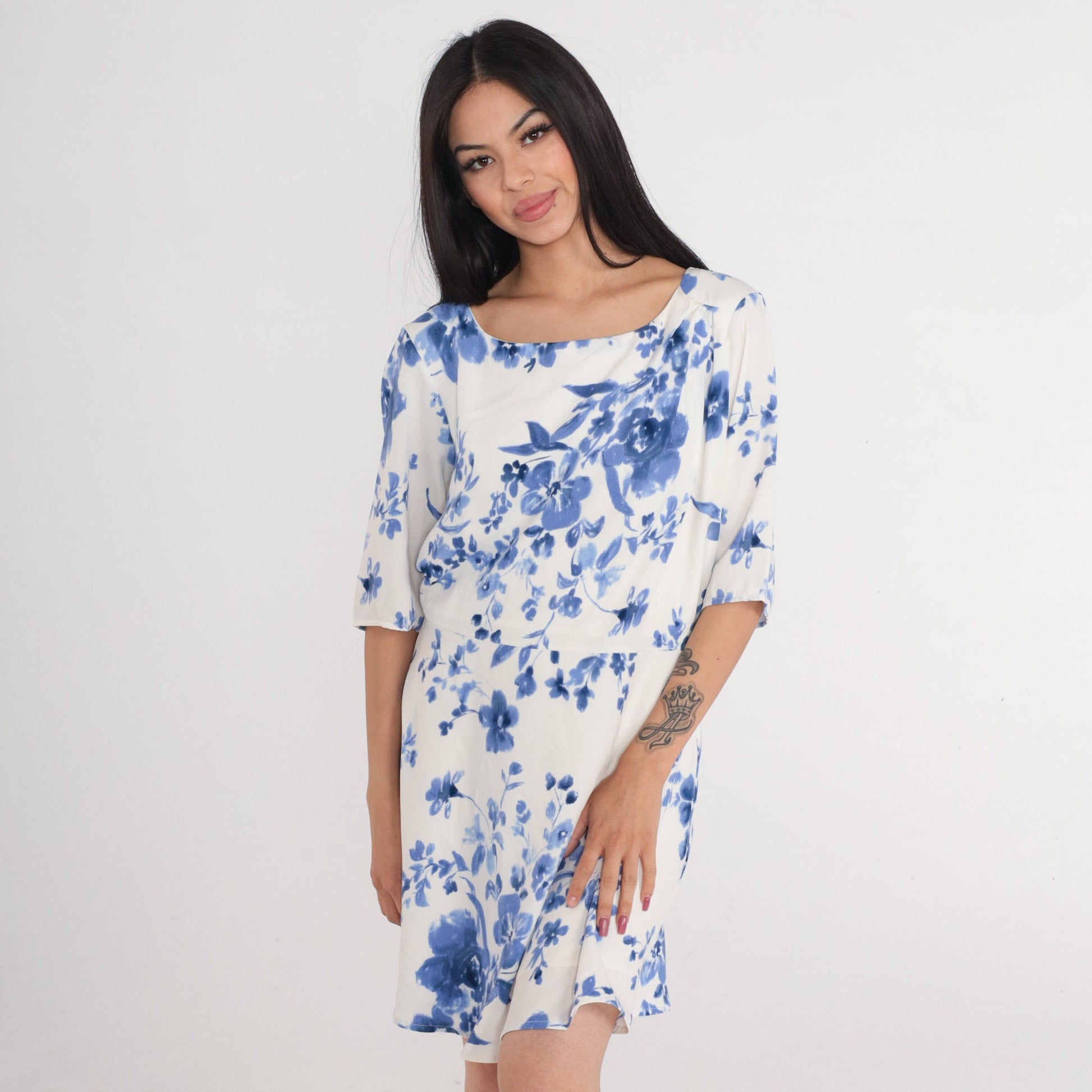 00s White Blue Floral Mini Dress High Waist A-Line Short Sleeve Large