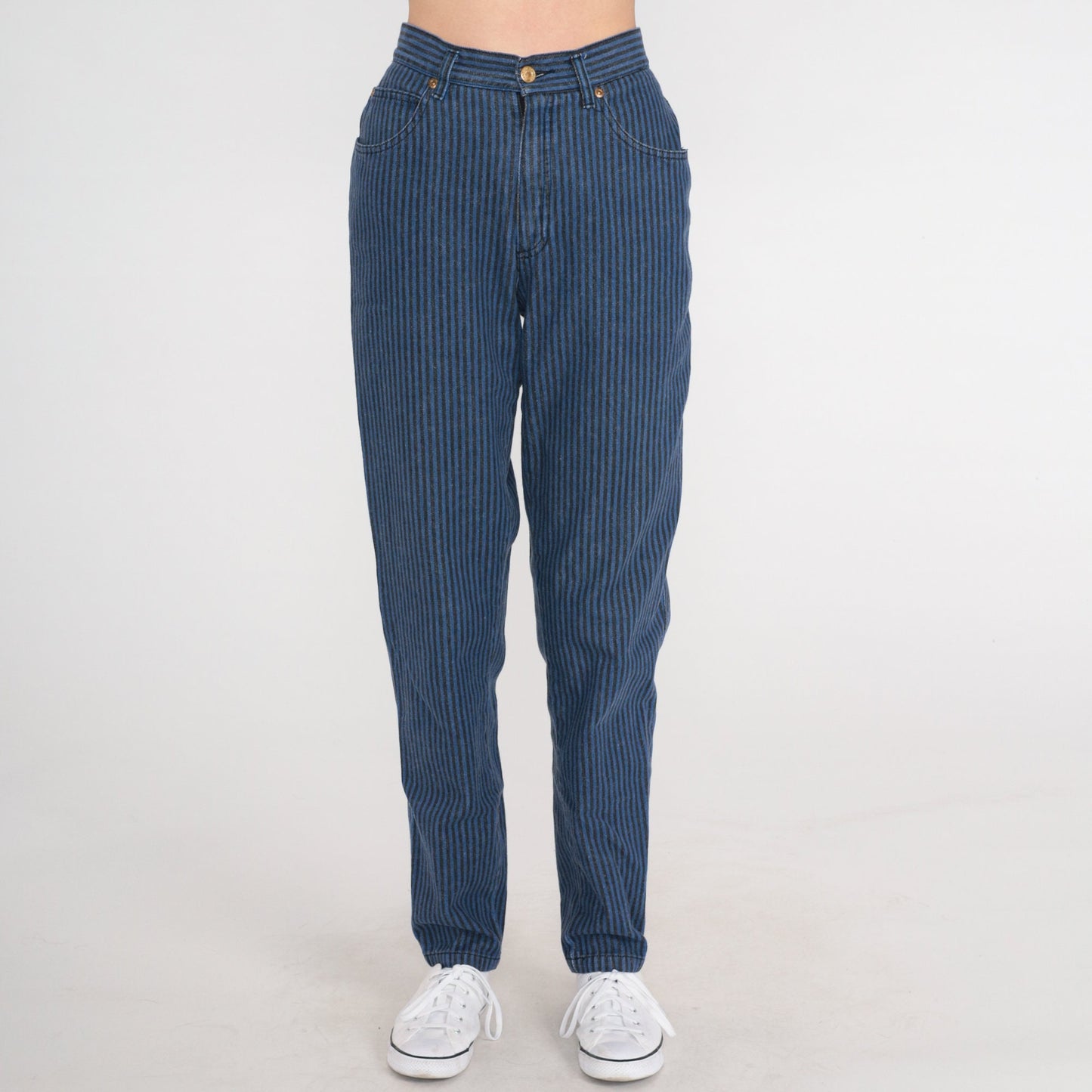 80s Liz Claiborne Striped High-Waist Tapered Jeans Black Blue Small 4